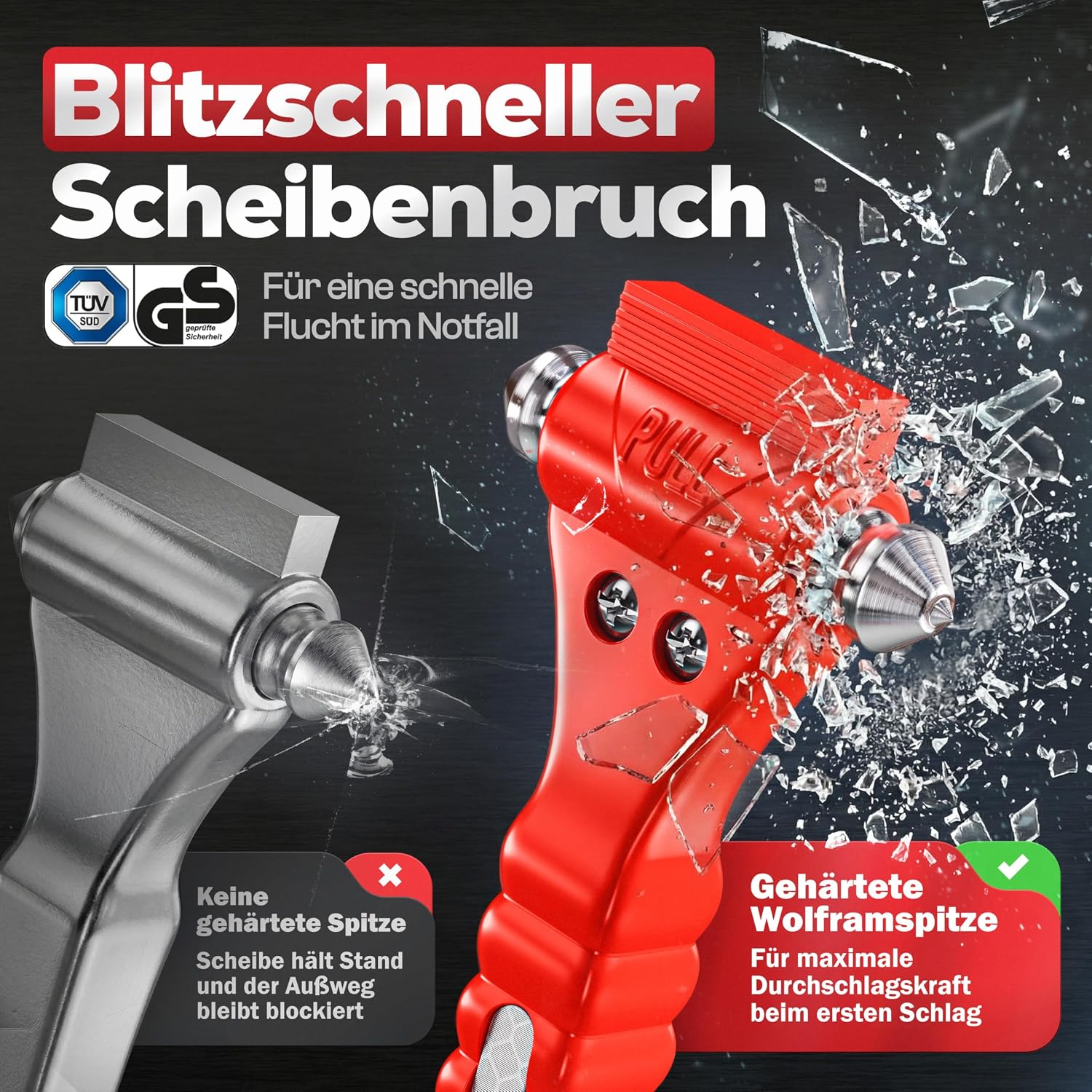 Nothammer Auto mit Gurtschneider TÜV GS Zertifiziert [2er Set] - Notfallhammer mit gehärteten Spitzen und Reflektoren - Notfall Hammer, Sicherheitshammer mit Gurtmesser