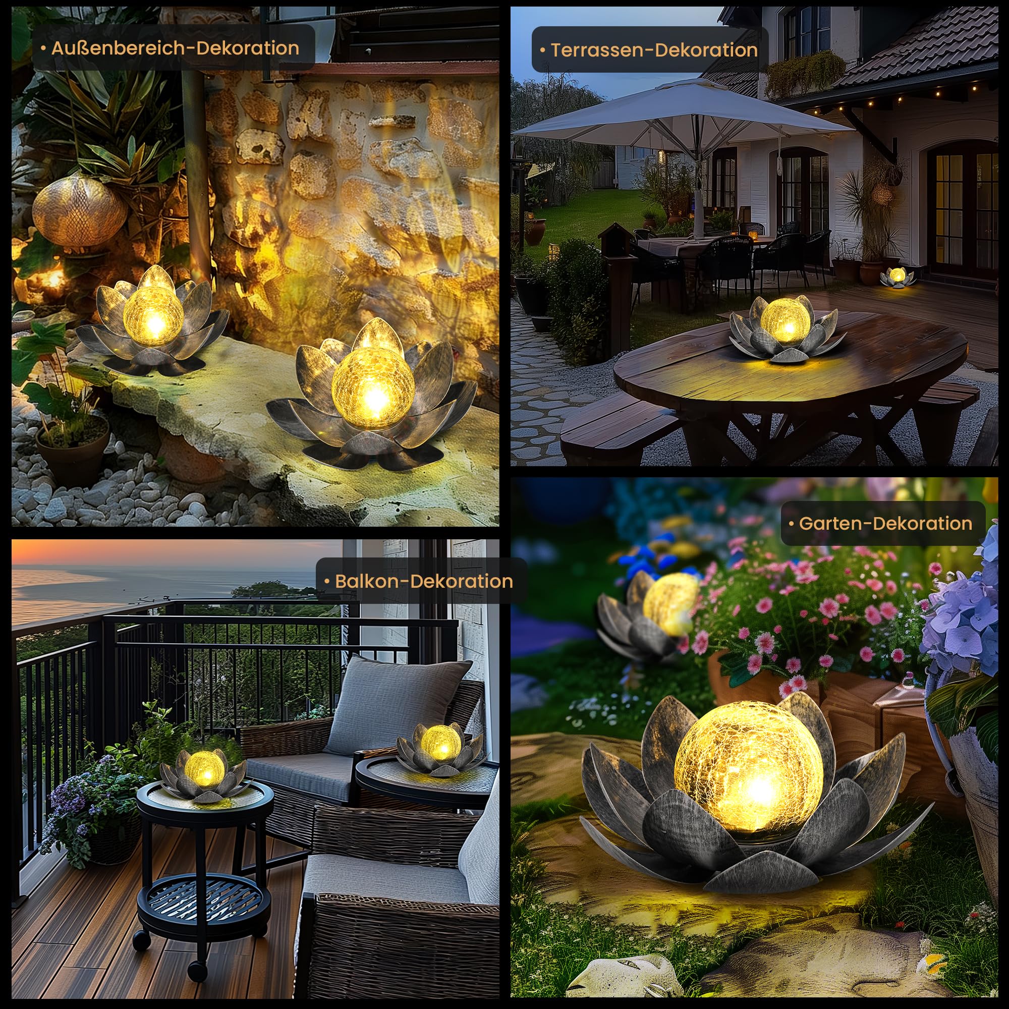 Solarlampen für Außen, Lotus Garten Deko Licht, LED Solarleuchten für Aussen, Wasserdicht Gartenleuchten Solar, Metal, für Terrasse, Garten, Gras, Balkon