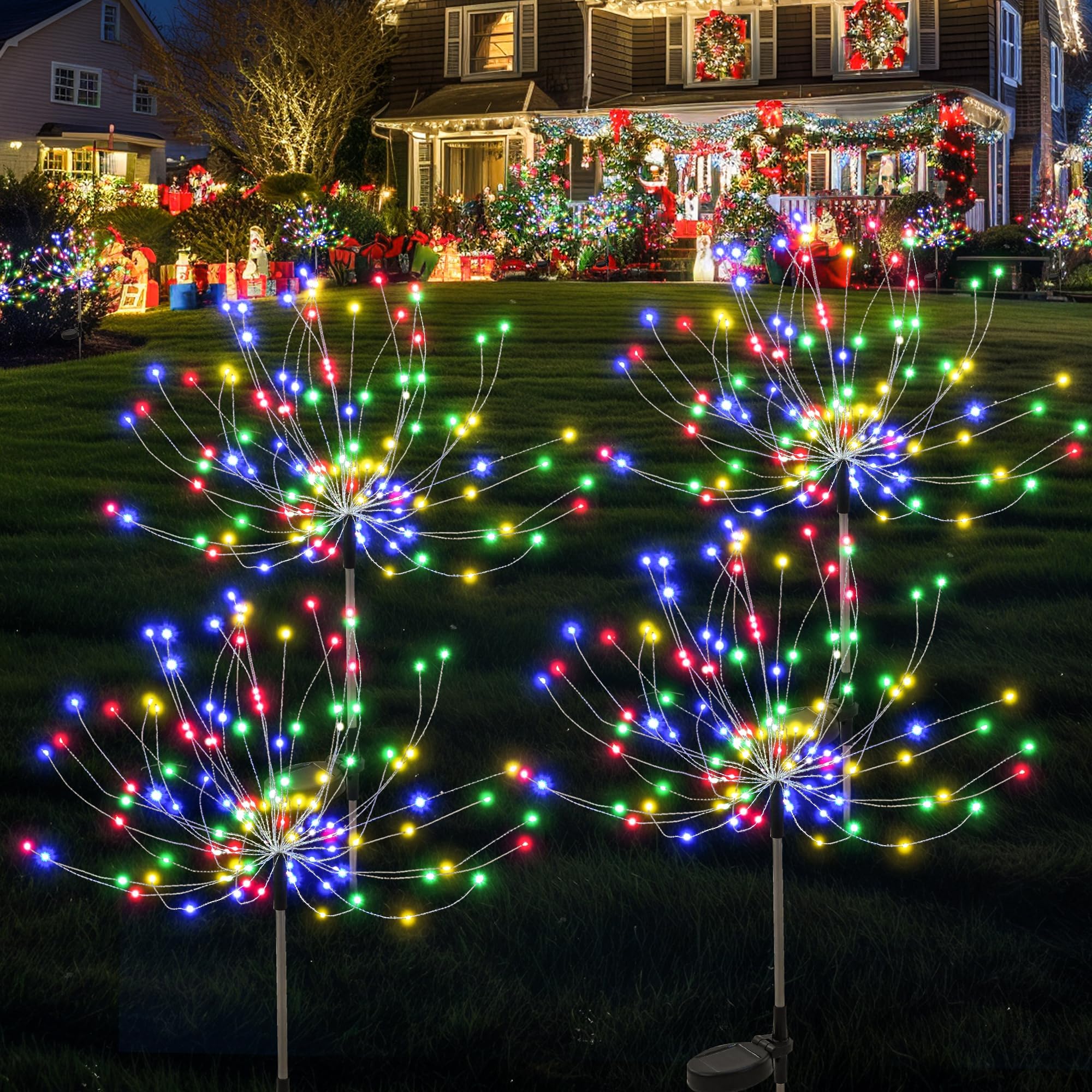 Gartendeko Solarleuchten für Außen,4 Stück 120 LED Feuerwerk Solarleuchten, Wetterfest Pusteblume Solarlampen für Balkon Terrasse Blumenkästen Hof Deko