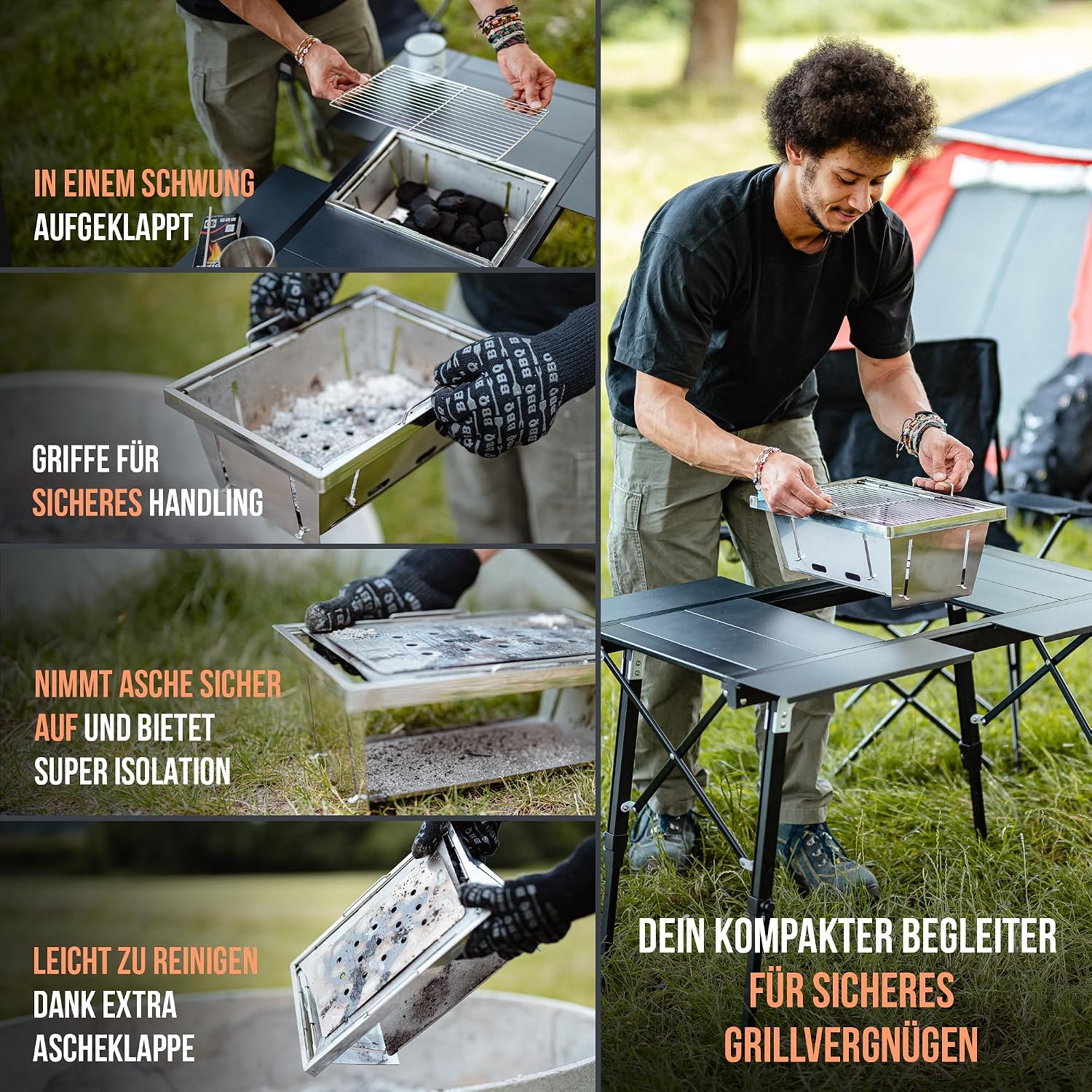 Campingtisch mit integriertem Grill – Aluminium 7075, höhenverstellbar, Outdoor wetterfest, innovatives Faltsystem, Multifunktionstisch & Camping Zubehör für Garten, Reisen & Angeln