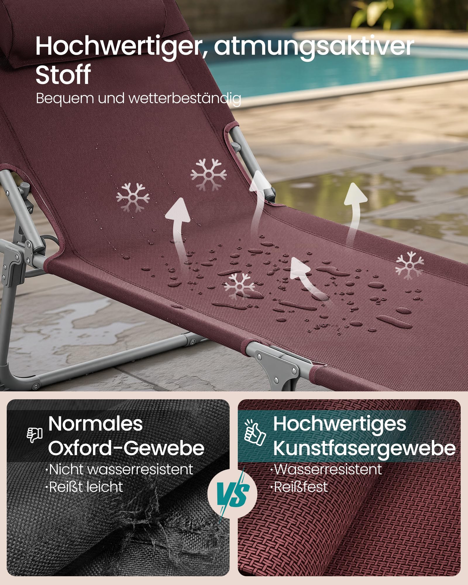 Sonnenliege, klappbarer Liegestuhl, 193 x 53 x 29 cm, trägt bis zu 150 kg, Sonnenschutz, Kopfkissen, verstellbare Rückenlehne, für Garten, Pool, Terrasse