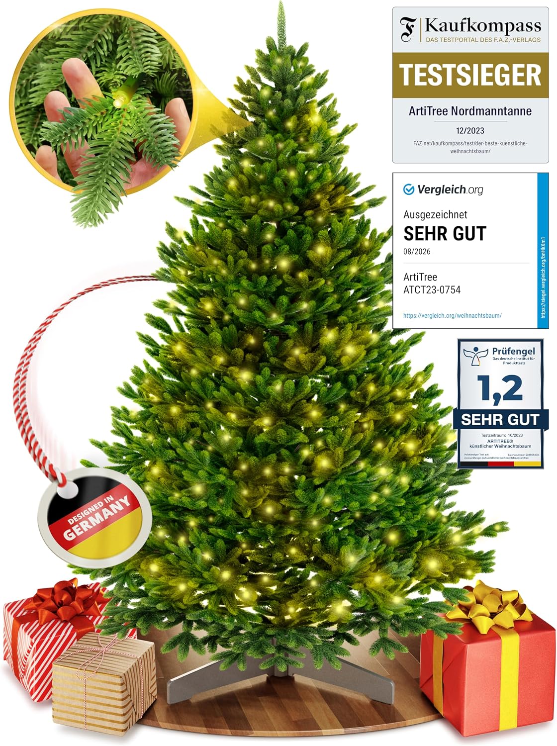 Künstlicher Weihnachtsbaum – 100 % Spritzguss Nordfichte mit LED | Premium Tannenbaum naturgetreu inkl. FSC-Holzständer & Aufbewahrungstasche