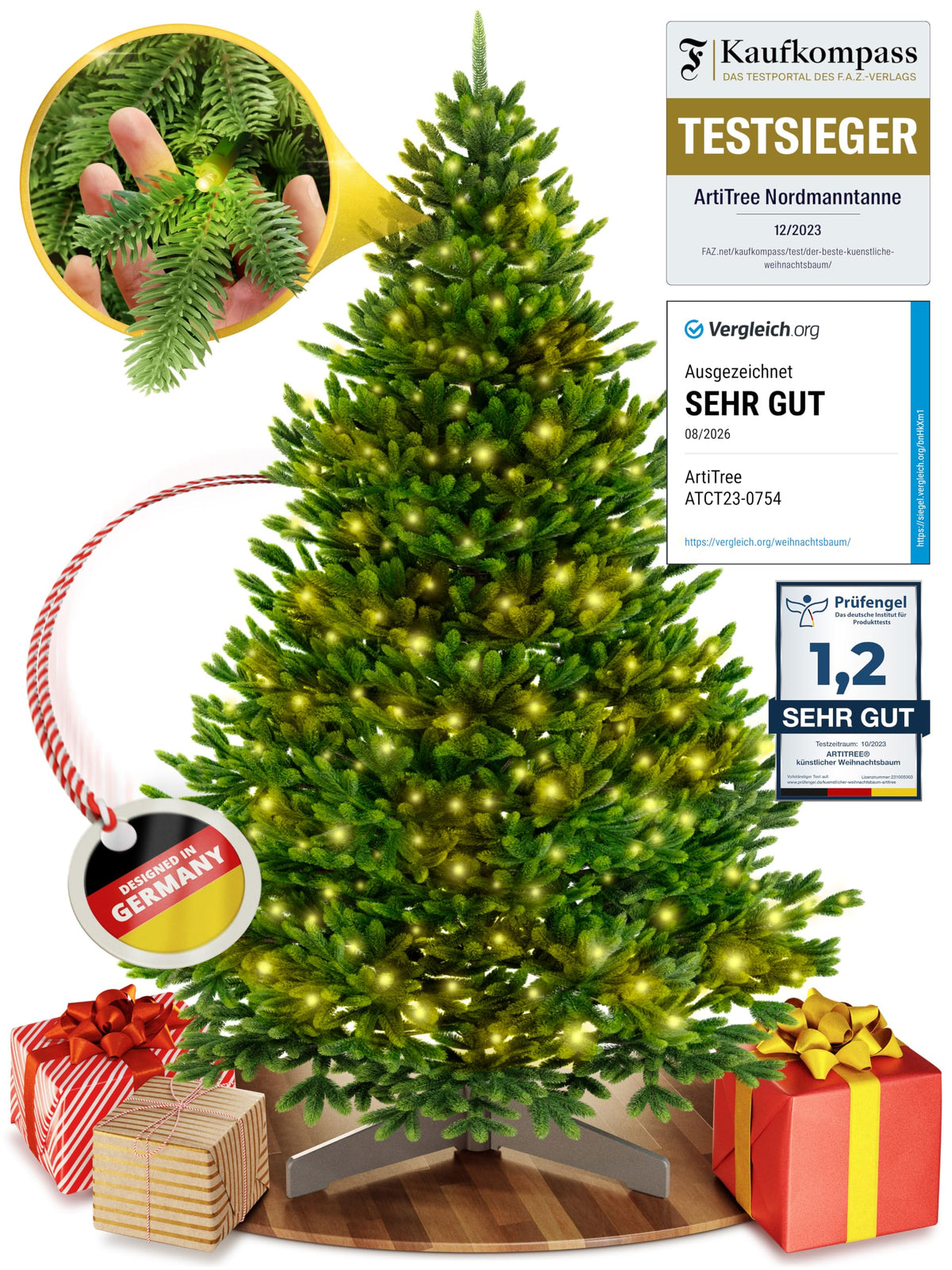 Künstlicher Weihnachtsbaum – 100 % Spritzguss Nordfichte mit LED | Premium Tannenbaum naturgetreu inkl. FSC-Holzständer & Aufbewahrungstasche