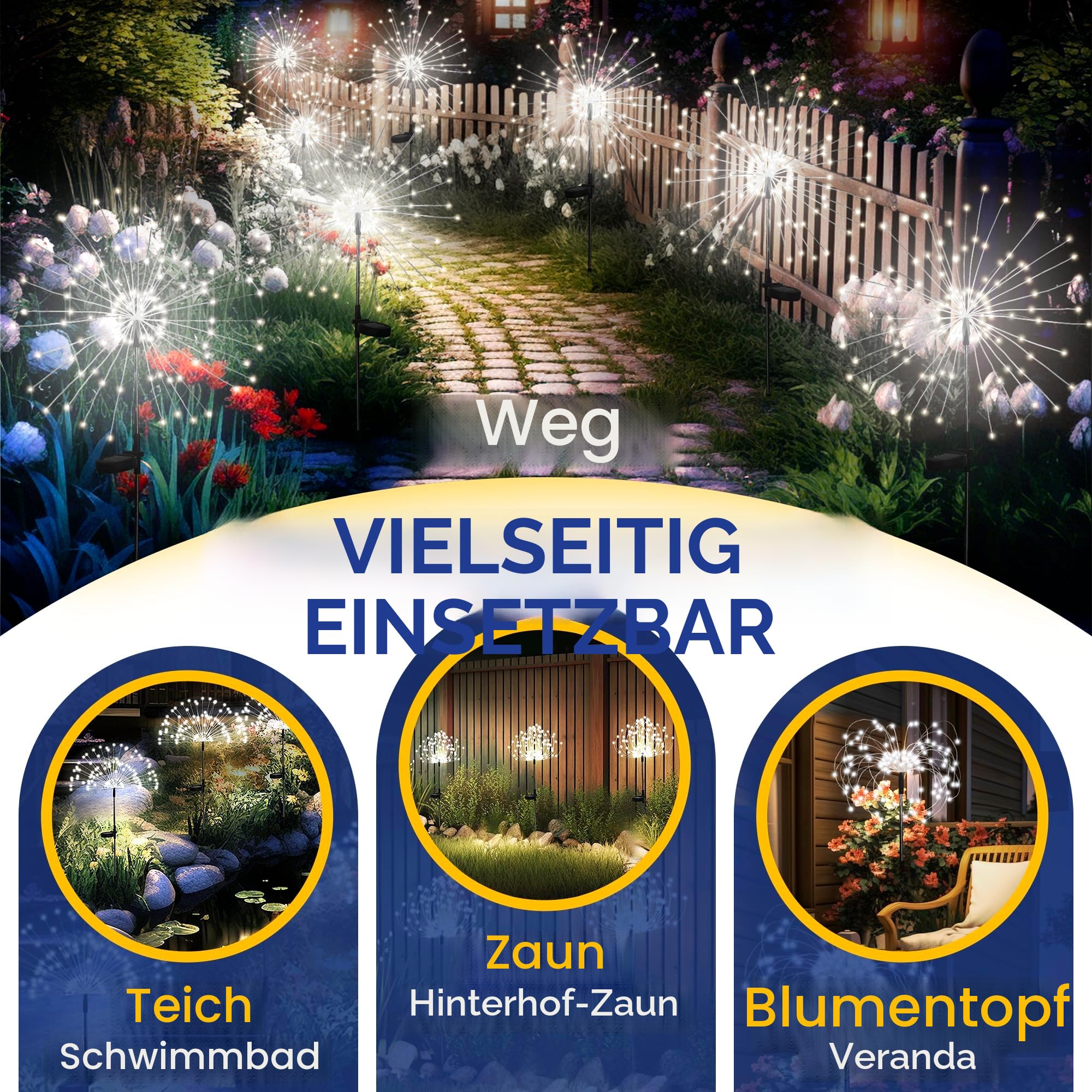 Gartendeko Solarleuchten für Außen,4 Stück 120 LED Feuerwerk Solarleuchten, Wetterfest Pusteblume Solarlampen für Balkon Terrasse Blumenkästen Hof Deko