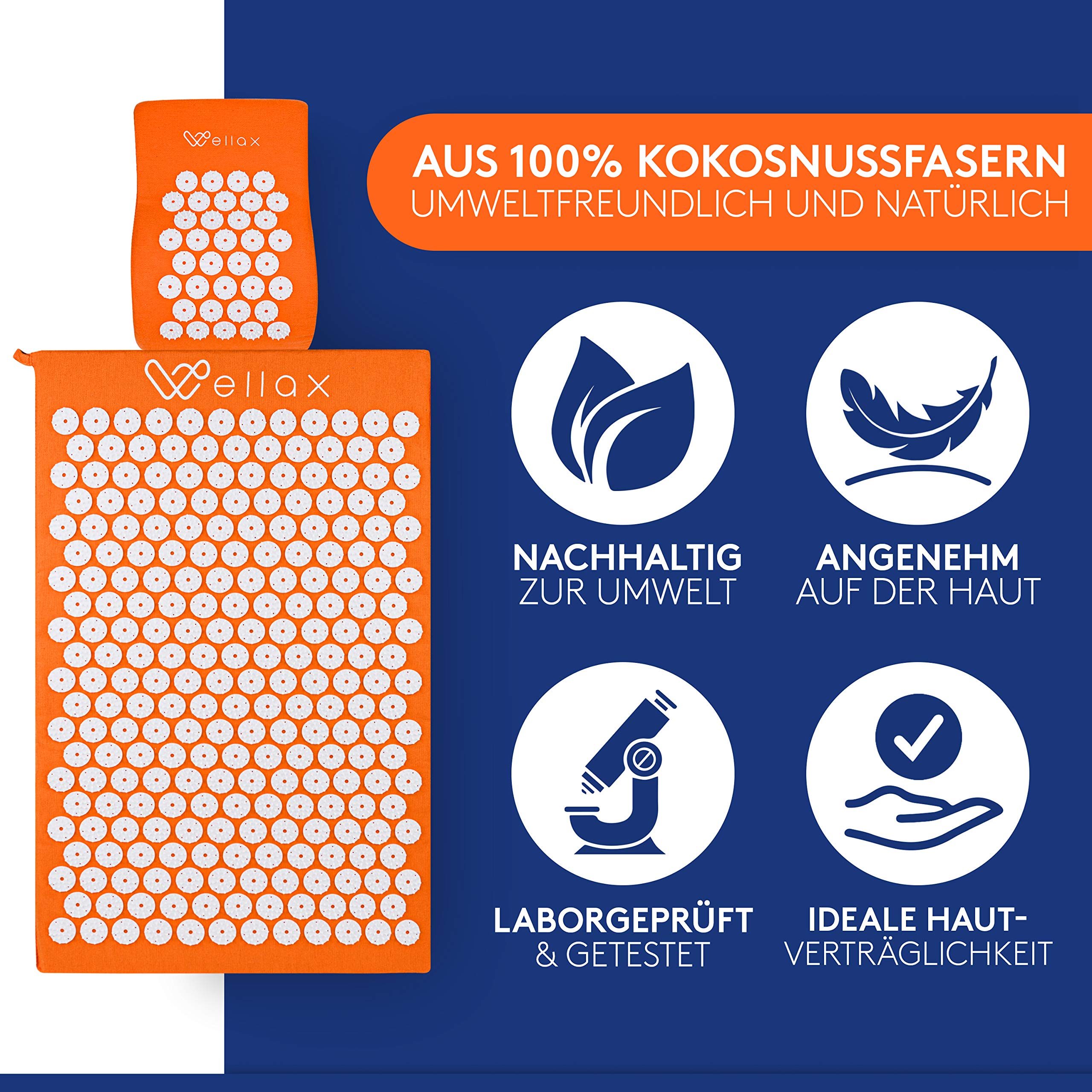 Akupressurmatte mit Kissen - Gefüllt mit 100% Kokosfasern - Löst Verspannungen & fördert Durchblutung - Massage Matte mit Akupressurkissen - Ausgezeichnet von Vergleich.org