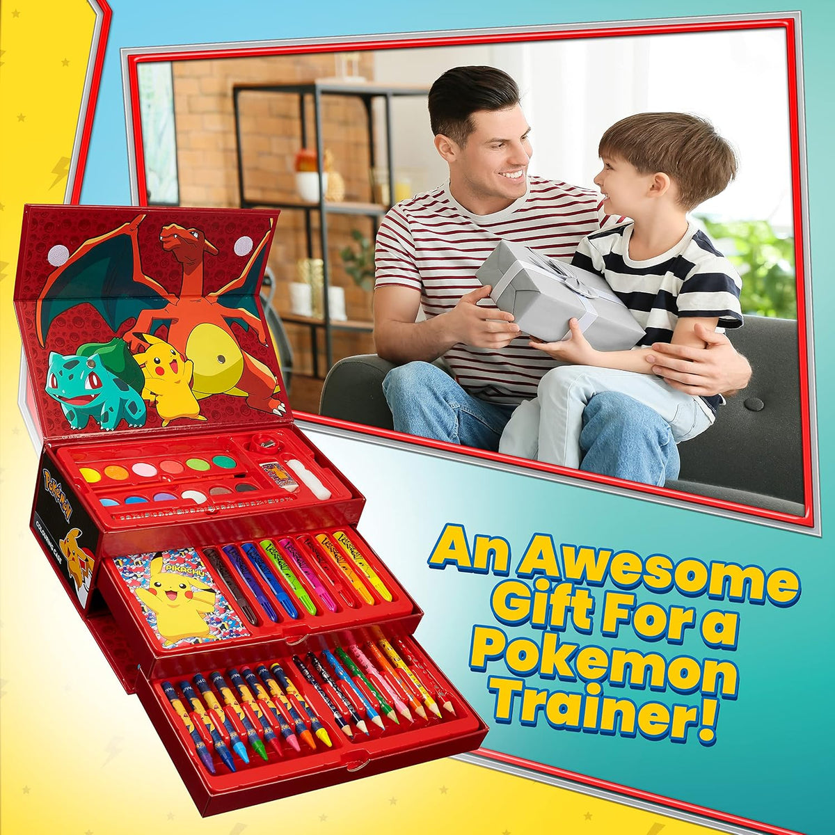 Pokemon Malkoffer Kinder Bastelset Malen Set mit Wasserfarben Filzstifte Buntstifte Wachsmalstifte Pikachu Geschenke für Kinder