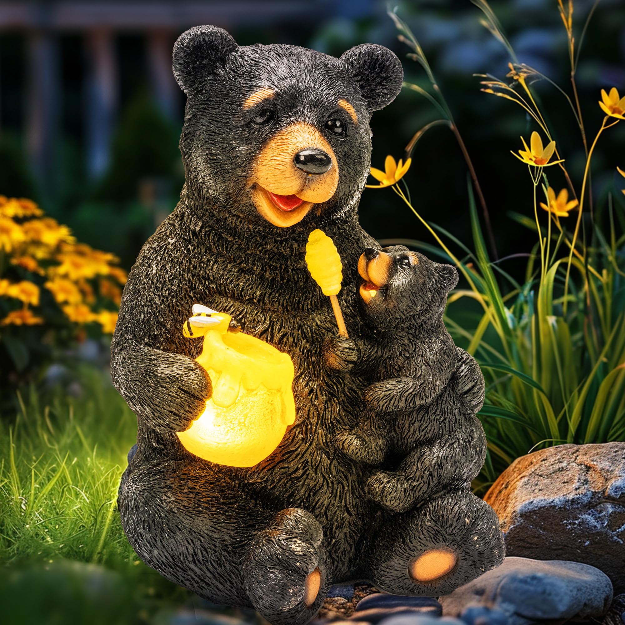 Solar Statuen Gartendeko, Bär Mutter und Bär Kind umarmen Sich, Geburtstagsgeschenk für Frauen, Geschenke für Mama, Wetterfest Gartendeko für Terrasse, draußen, Hof