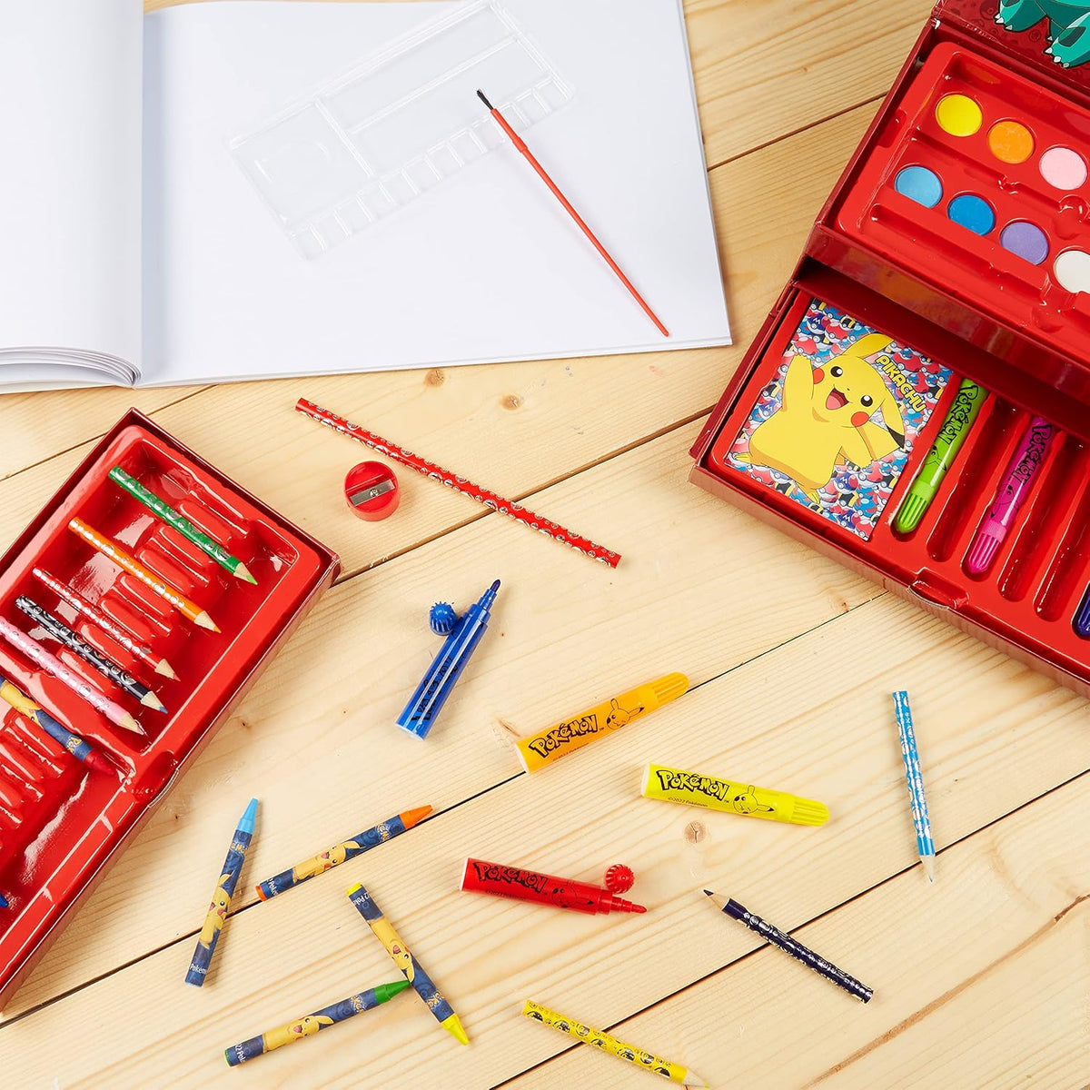 Pokemon Malkoffer Kinder Bastelset Malen Set mit Wasserfarben Filzstifte Buntstifte Wachsmalstifte Pikachu Geschenke für Kinder