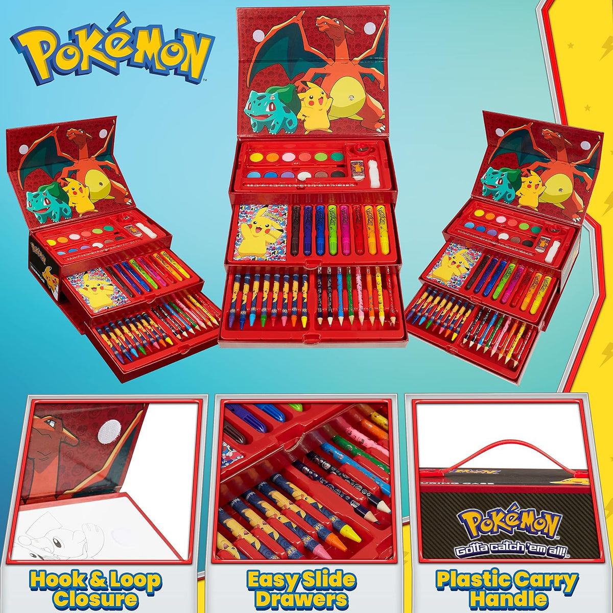Pokemon Malkoffer Kinder Bastelset Malen Set mit Wasserfarben Filzstifte Buntstifte Wachsmalstifte Pikachu Geschenke für Kinder