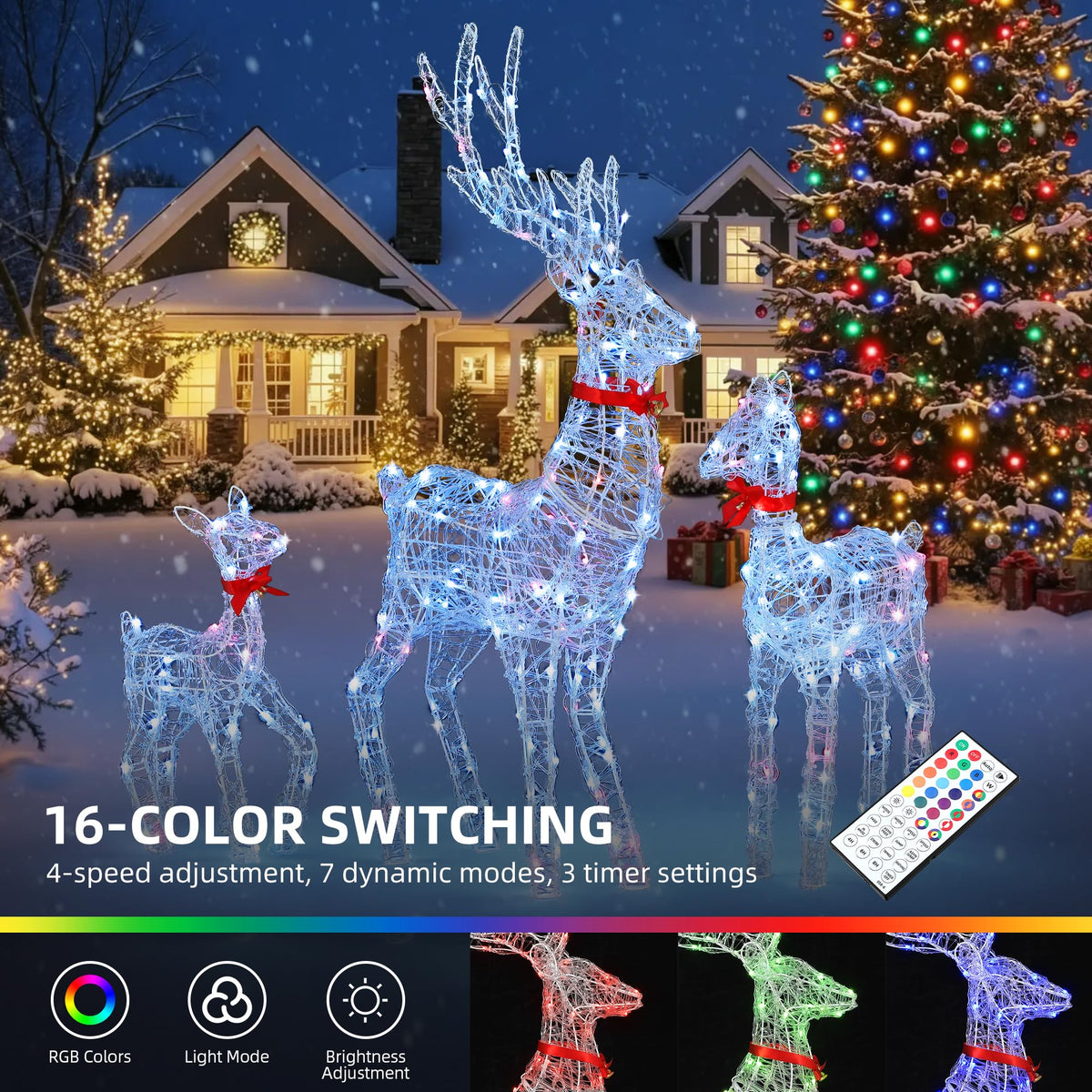 LED Rentier, Beleuchtet Weihnachtshirsch mit 120 RGB-LEDs und Fernbedienung, 89 Modi, Weihnachtsdekoration mit abnehmbarem Geweih und Halsteil für Haus, Hof und Garten (62x19x118cm)