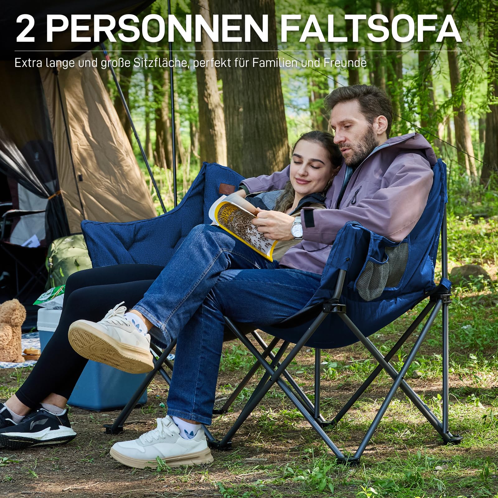 Campingstuhl Faltbar 124CM Breit Campingsofa für 2 Personen Faltsofa 320KG Belastbar, Campingcouch Dick Gepolstert Klappstuhl XXL 2 Sitzer Hohe Lehne für Outdoor Garten Balkon Indoor