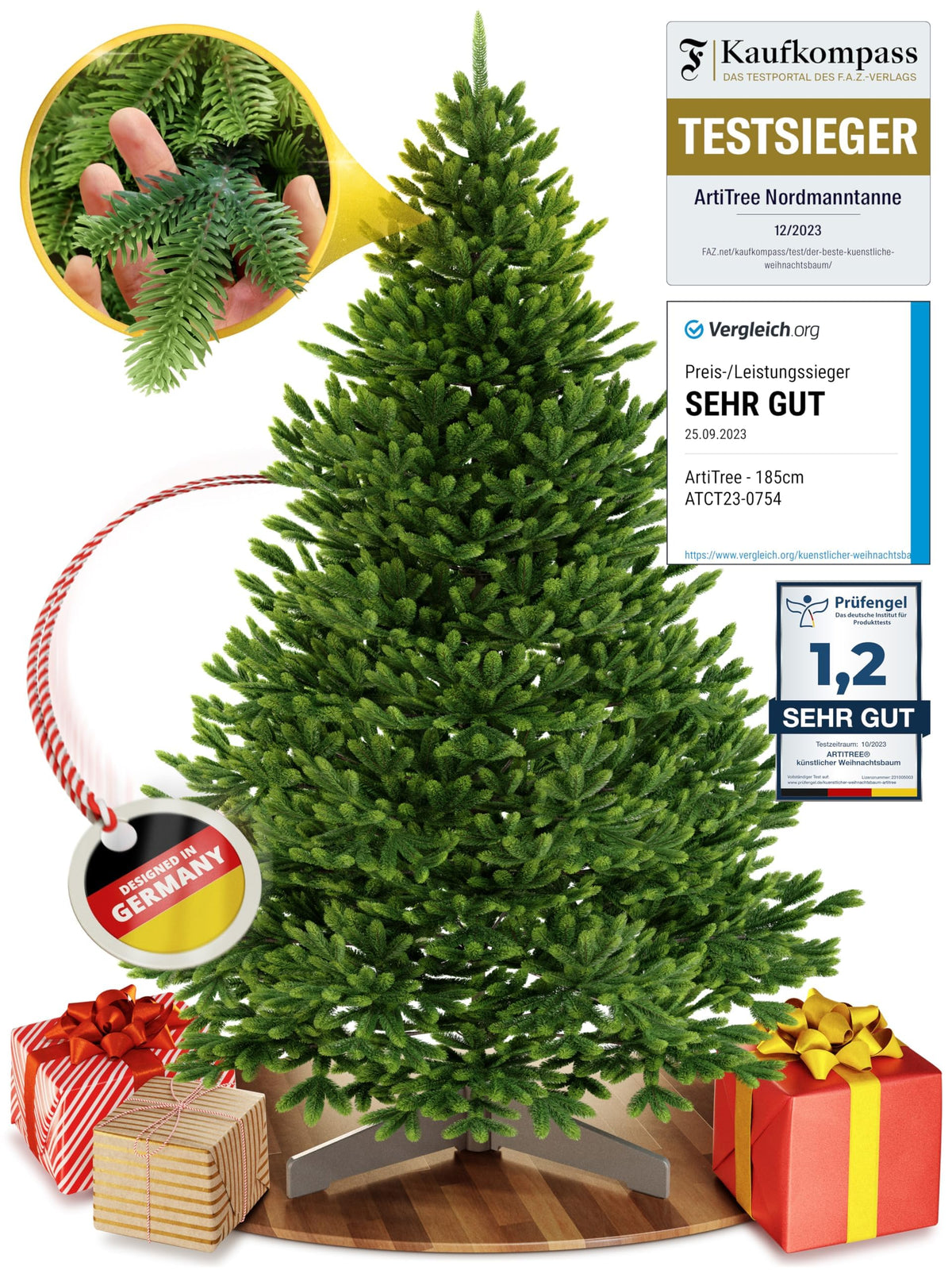 Künstlicher Weihnachtsbaum – 100 % Spritzguss Nordfichte mit LED | Premium Tannenbaum naturgetreu inkl. FSC-Holzständer & Aufbewahrungstasche