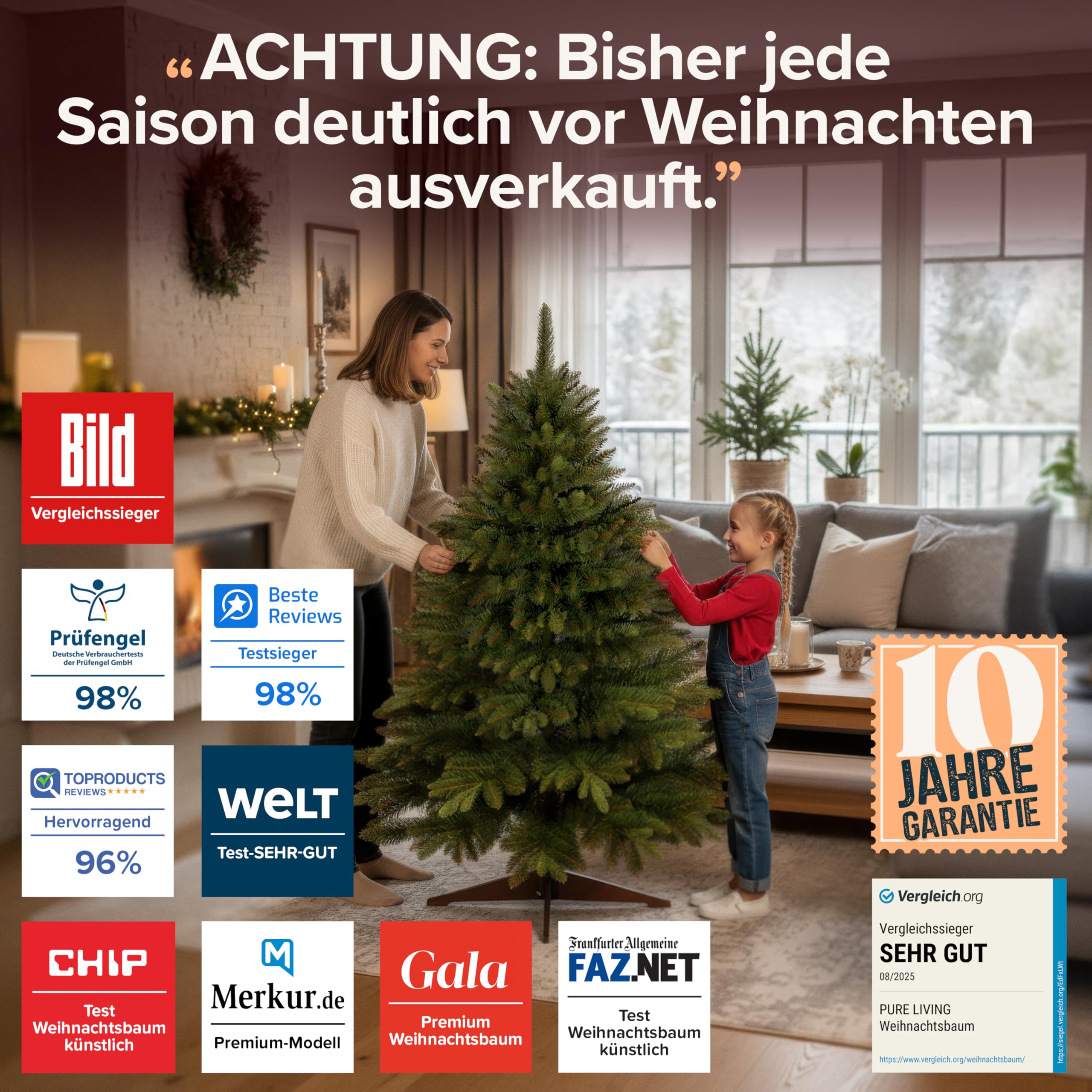Künstlicher Weihnachtsbaum - Lebensähnlich, besonders dichte Äste, einfache Montage, Made in EU - Premium-Weihnachtsbaum mit Holzständer, Aufbewahrungstasche - Eleganter Nordmann Tannenbaum / Varianten Auswahl - Restposten Neu & OVP!