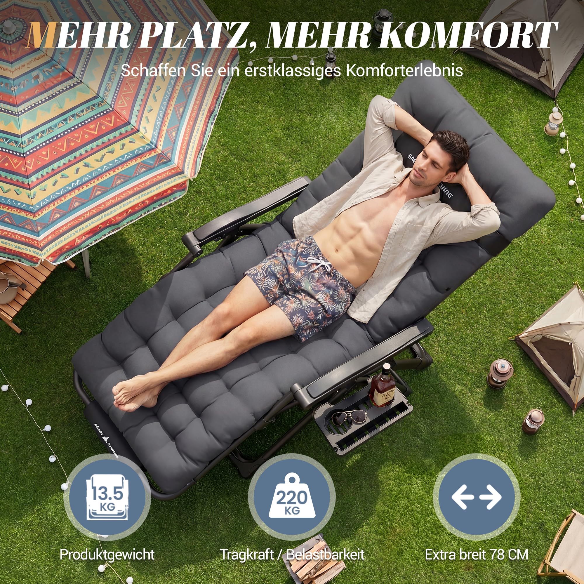 Sonnenliege Liegestuhl Klappbar Mit Getränkehalter Gartenstuhl Mit Auflage Polster, Liegestuhl, Extra groß Gartenliege, Verstellbar Rückenlehne Garten Liege
