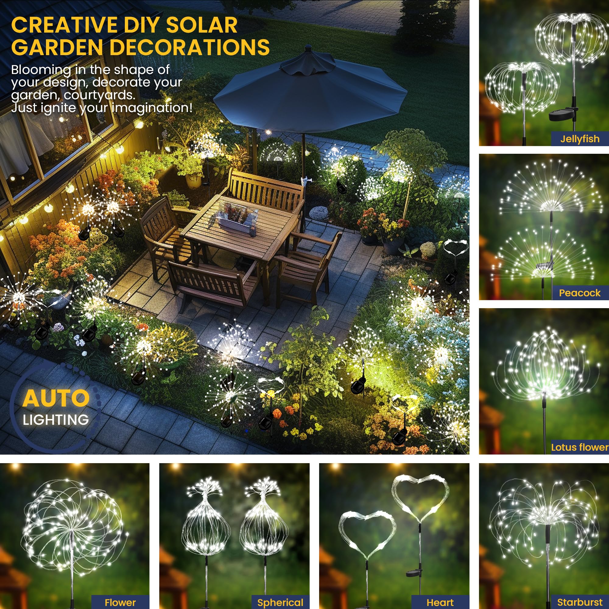 Gartendeko Solarleuchten für Außen,4 Stück 120 LED Feuerwerk Solarleuchten, Wetterfest Pusteblume Solarlampen für Balkon Terrasse Blumenkästen Hof Deko