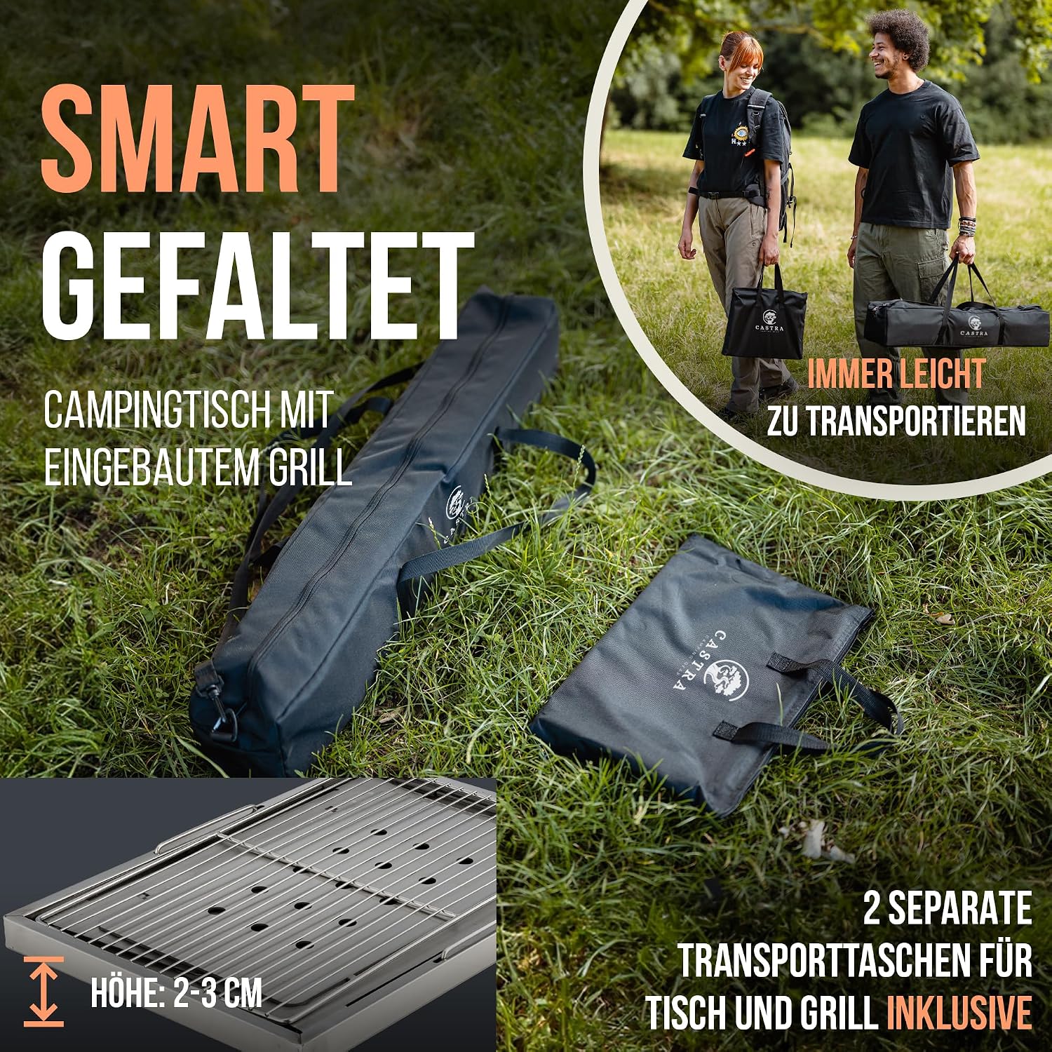 Campingtisch mit integriertem Grill – Aluminium 7075, höhenverstellbar, Outdoor wetterfest, innovatives Faltsystem, Multifunktionstisch & Camping Zubehör für Garten, Reisen & Angeln