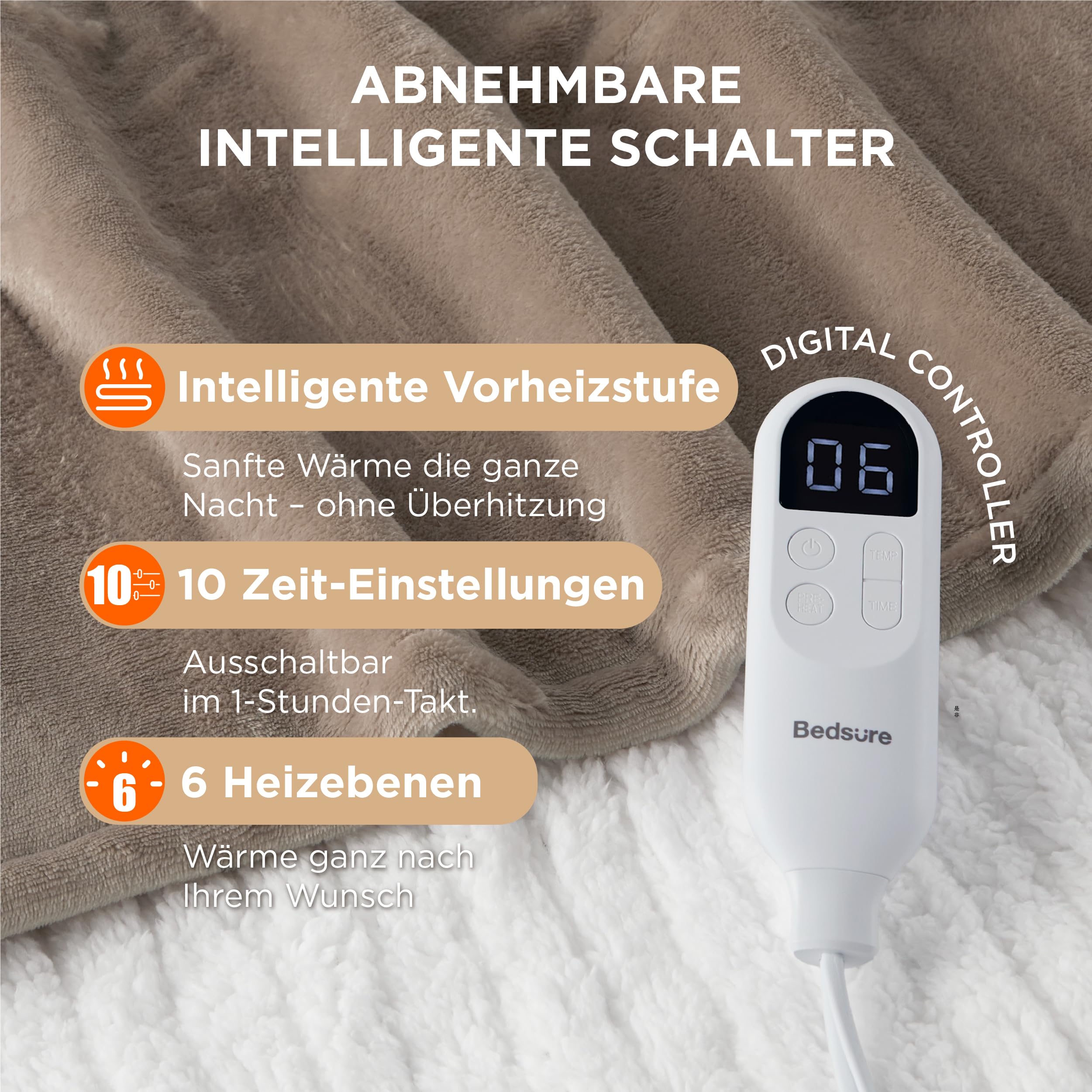 Elektrische Decke mit automatischem Abschalten - Wärmedecke mit 6 Wärmeeinstellungen und 10-Stunden-Timer, bis zu 8 Stunden Überhitzungsschutz, elektrische Kuscheldecke für Zuhause und Büro, 130 x 180 cm