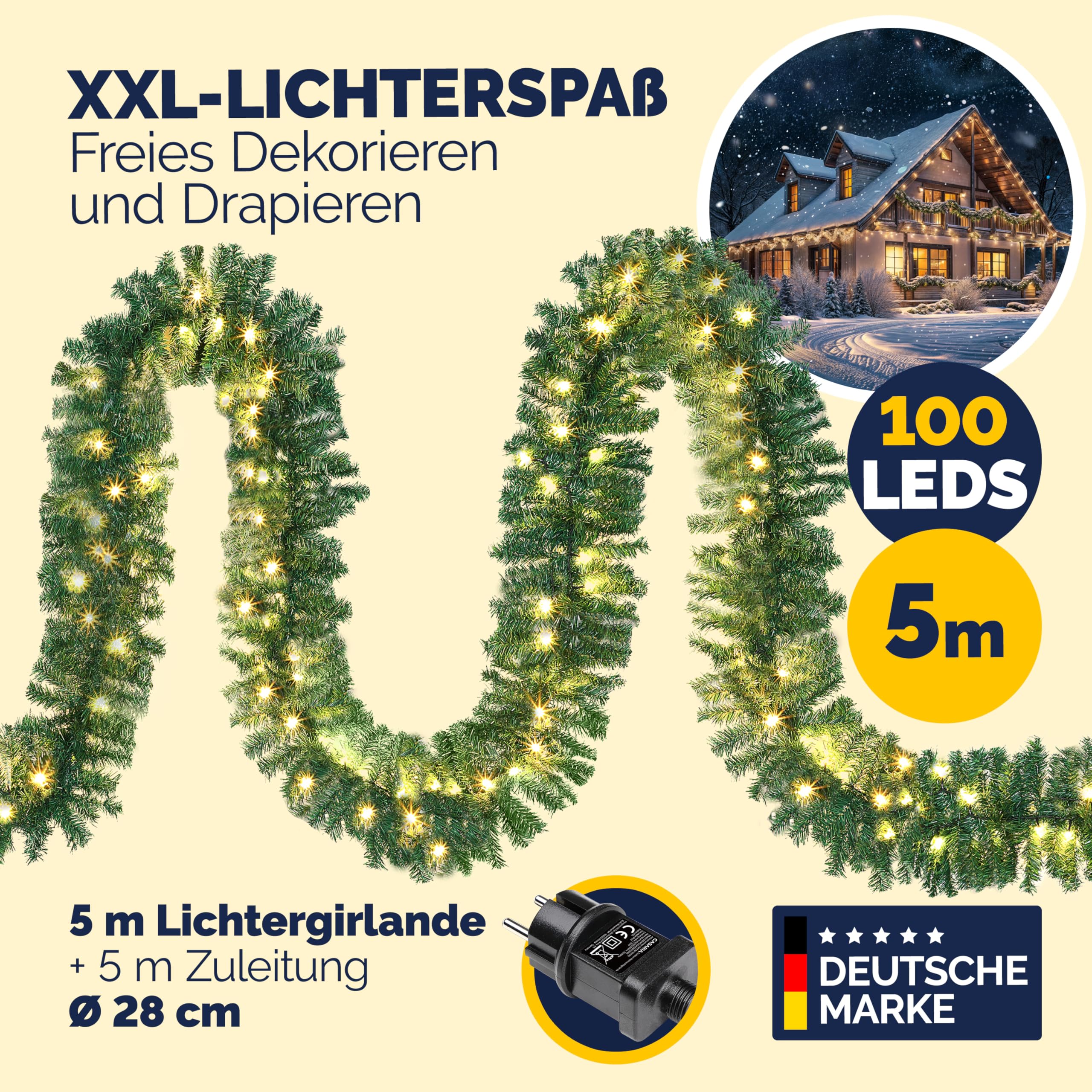 Weihnachtsgirlande mit Beleuchtungsdekoration, 80 LEDs Beleuchtetes Innen- und Außengrün Weihnachtsdekoration, Weihnachtsgirlande, Tannengirlande - Warmes Weiß