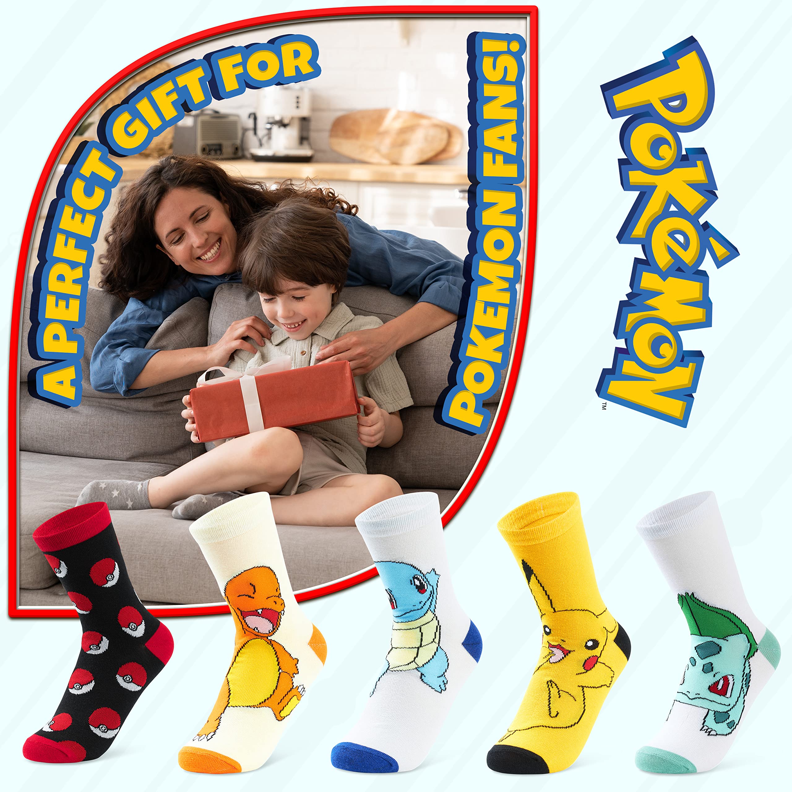 Pokemon Jungen Socken 5 Pack Pikachu Knöchel Socken Kinder Dehnbar Atmungsaktiv Crew Socken für Jungen Mädchen und Jugendliche - Verschiedene Größen Erhältlich - Pokemon Geschenke