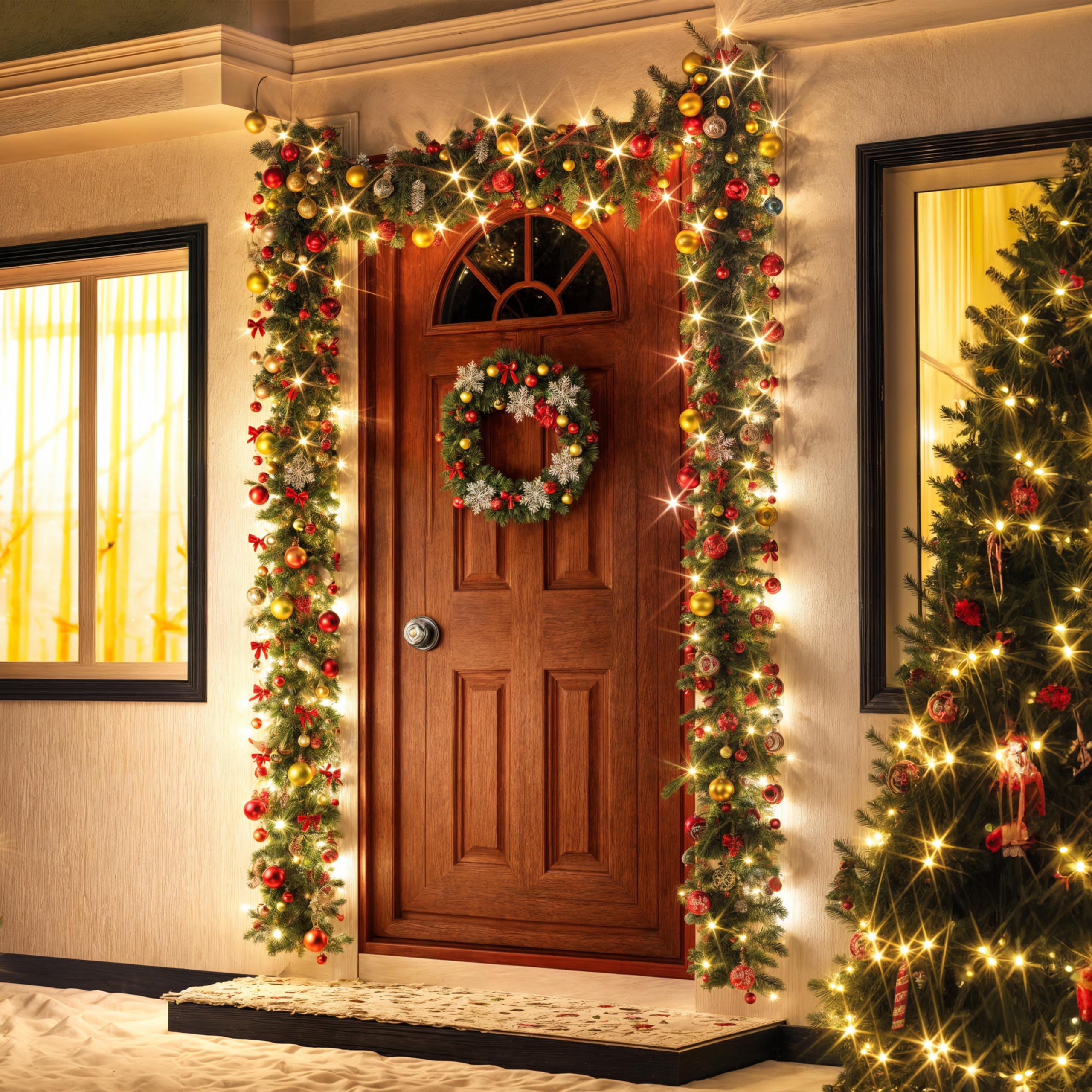 Weihnachtsgirlande mit Beleuchtungsdekoration, 80 LEDs Beleuchtetes Innen- und Außengrün Weihnachtsdekoration, Weihnachtsgirlande, Tannengirlande - Warmes Weiß