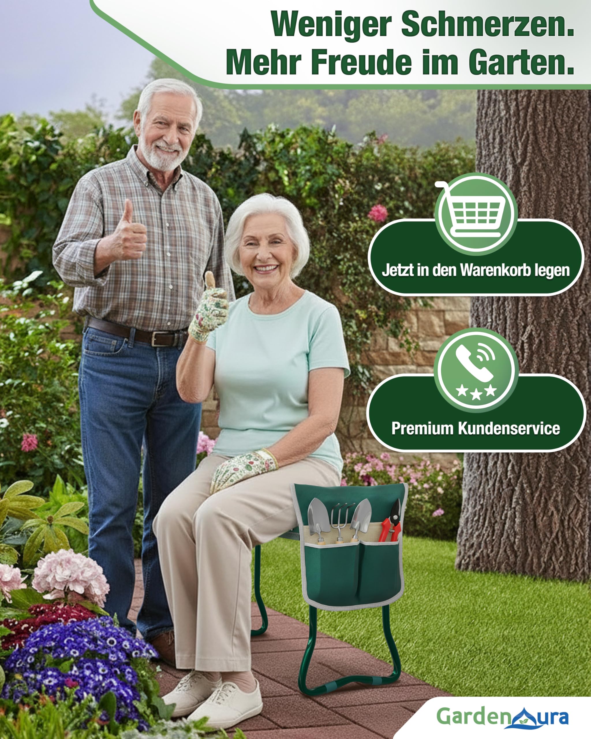 Kniebank für Gartenarbeit - Gartenhocker mit Werkzeugtasche - Garten Kniebank Rücken- und Gelenkschonend bis 150kg belastbar - Gartenhocker klappbar für idealen Knie Komfort
