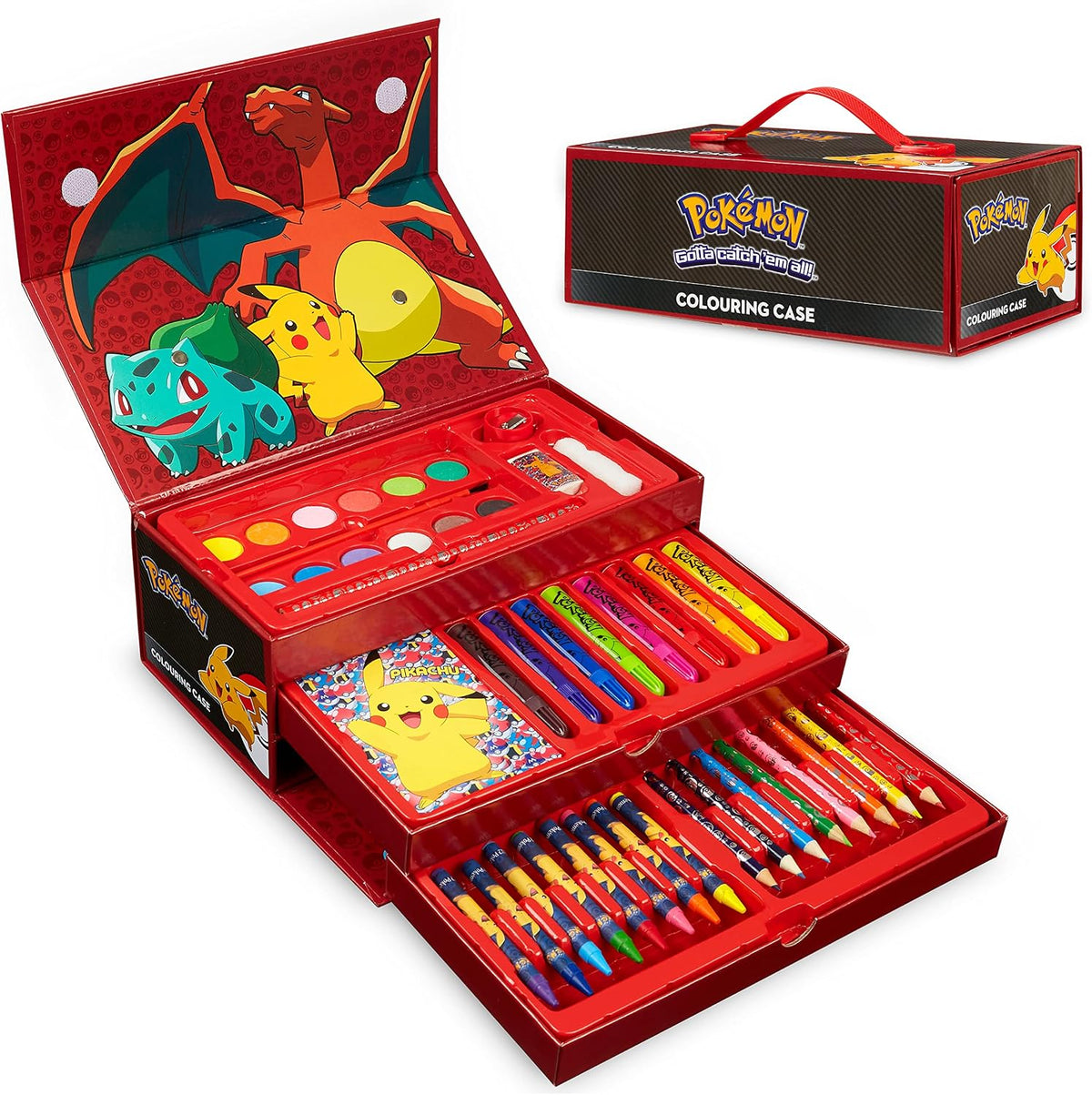 Pokemon Malkoffer Kinder Bastelset Malen Set mit Wasserfarben Filzstifte Buntstifte Wachsmalstifte Pikachu Geschenke für Kinder