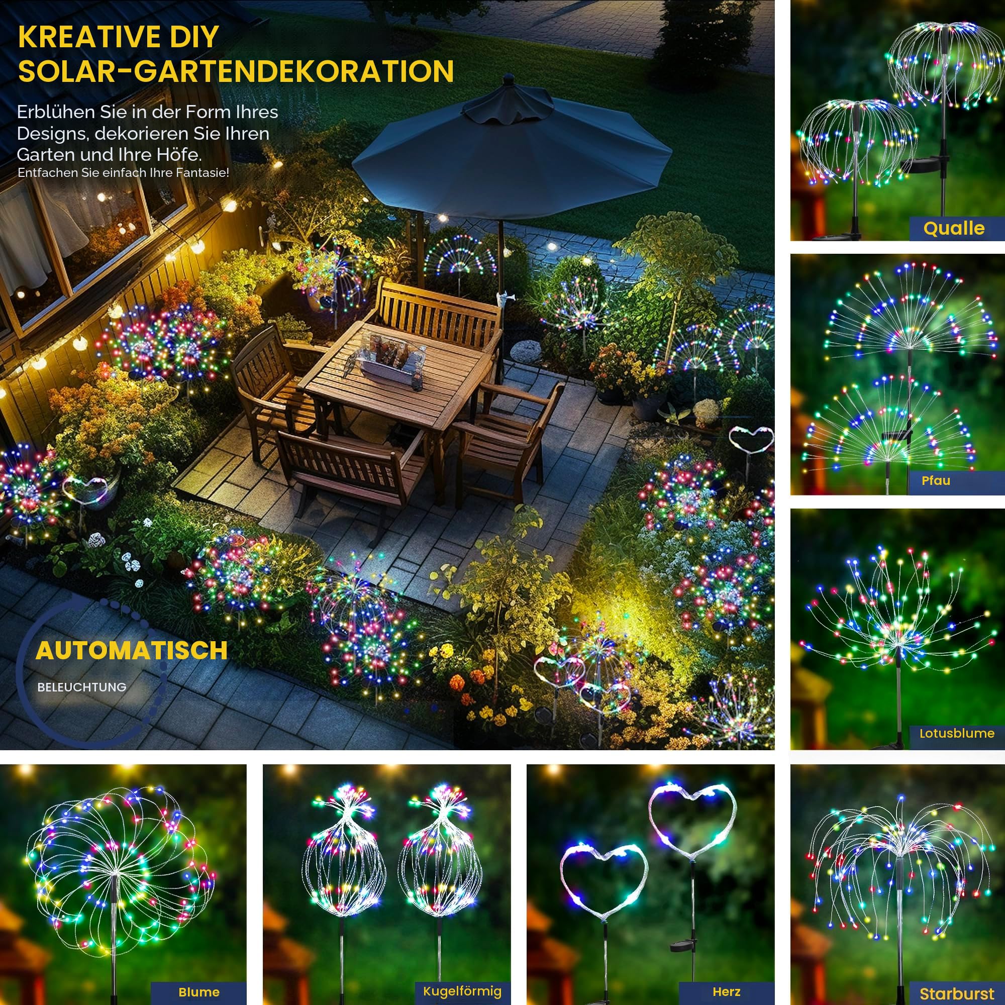 Gartendeko Solarleuchten für Außen,4 Stück 120 LED Feuerwerk Solarleuchten, Wetterfest Pusteblume Solarlampen für Balkon Terrasse Blumenkästen Hof Deko
