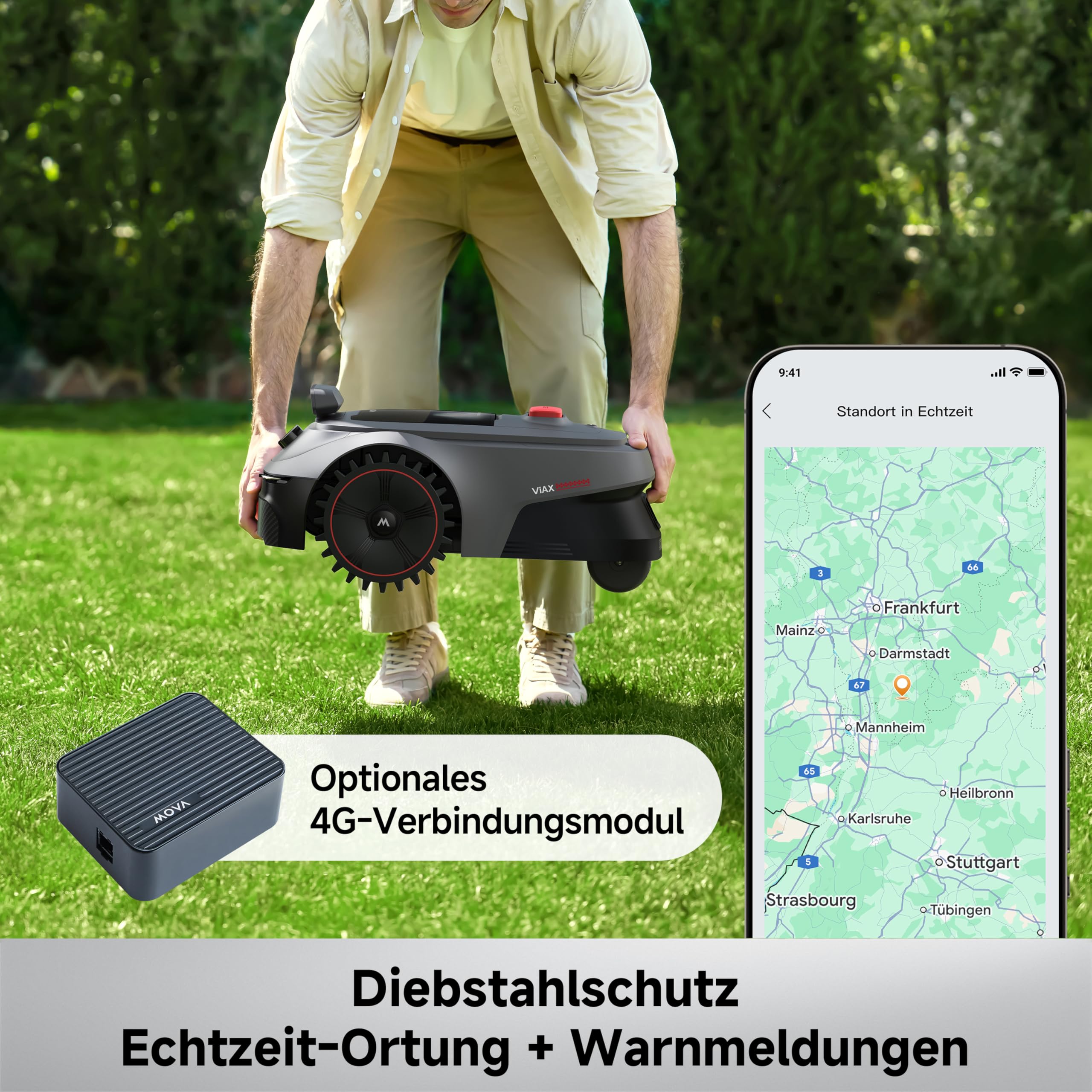 MOVA ViAX 250 Mähroboter Ohne Begrenzungskabel, Empf. 250m², KI-gestützte Kartierung, U-förmige Bahnen, Hindernisvermeidung Dual-Vision, Besserer Kantenschnitt, Für Komplexe Gelände, Appsteuerung