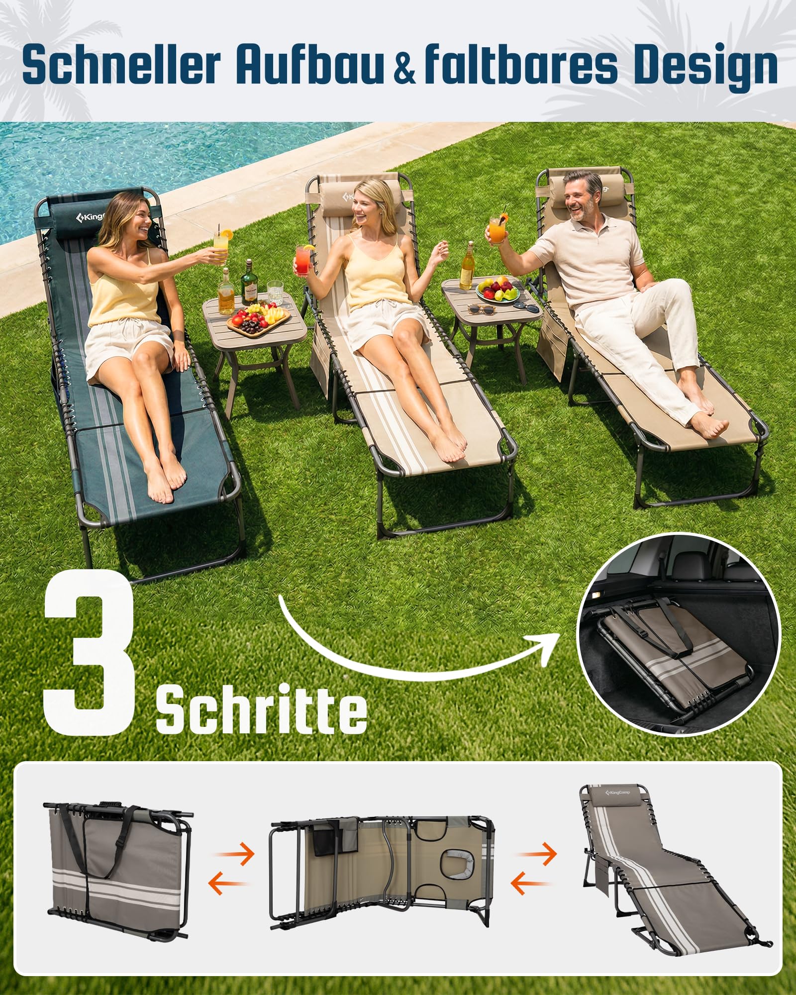 Sonnenliege Klappbar 5-Verstellbare, bis 180 kg, 2er Set, Blau | Gartenliege Klappbar, mit Kopfstütze & Seitentasche, Sonnenliege Wetterfest, Strandliege für Garten Terrasse Pool Camping