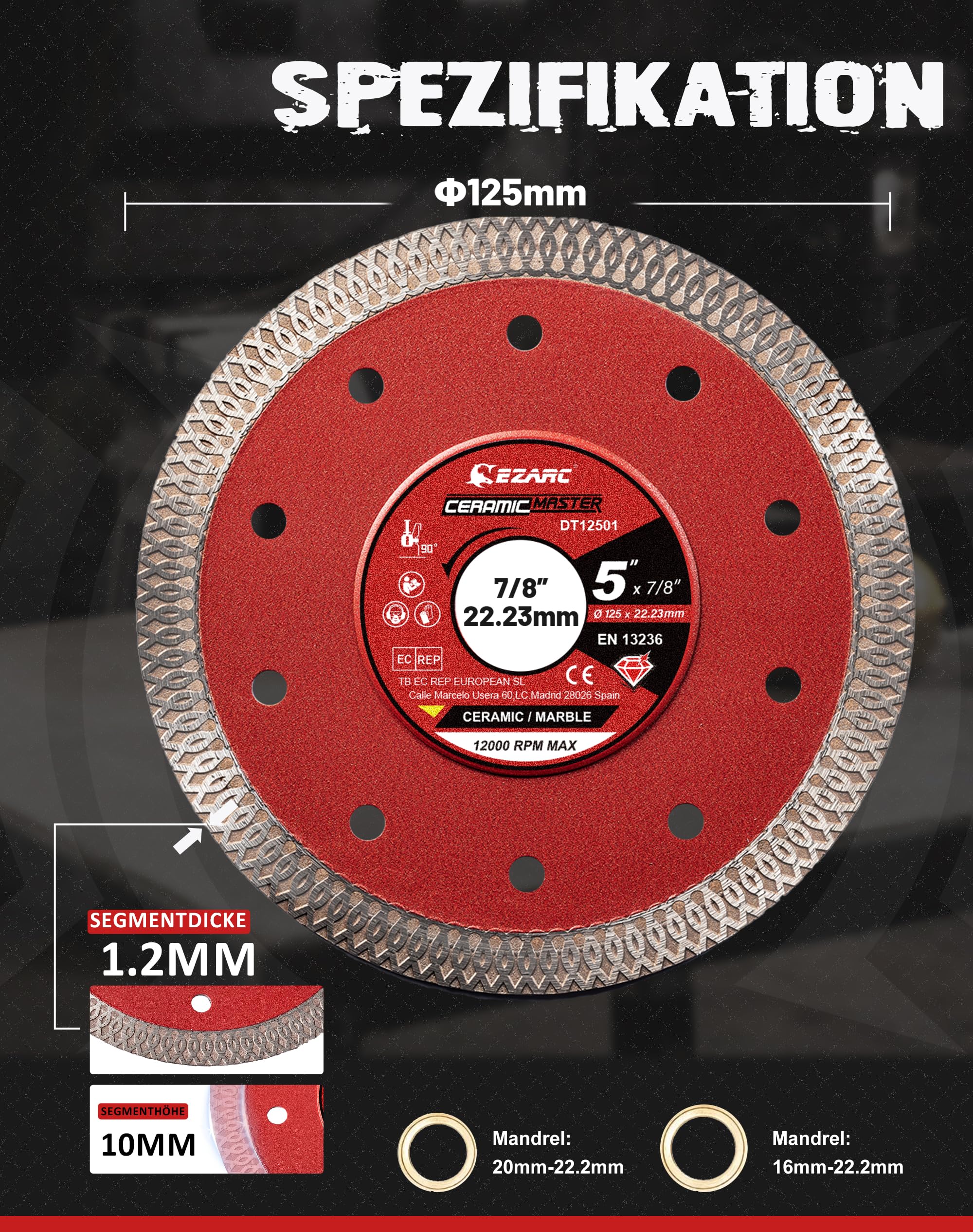 Diamantschneidscheiben 125mm Extra Thin Diamond Disc Cutting Disc für Fliesen Keramik Marmor Nass oder Trockenschnitt