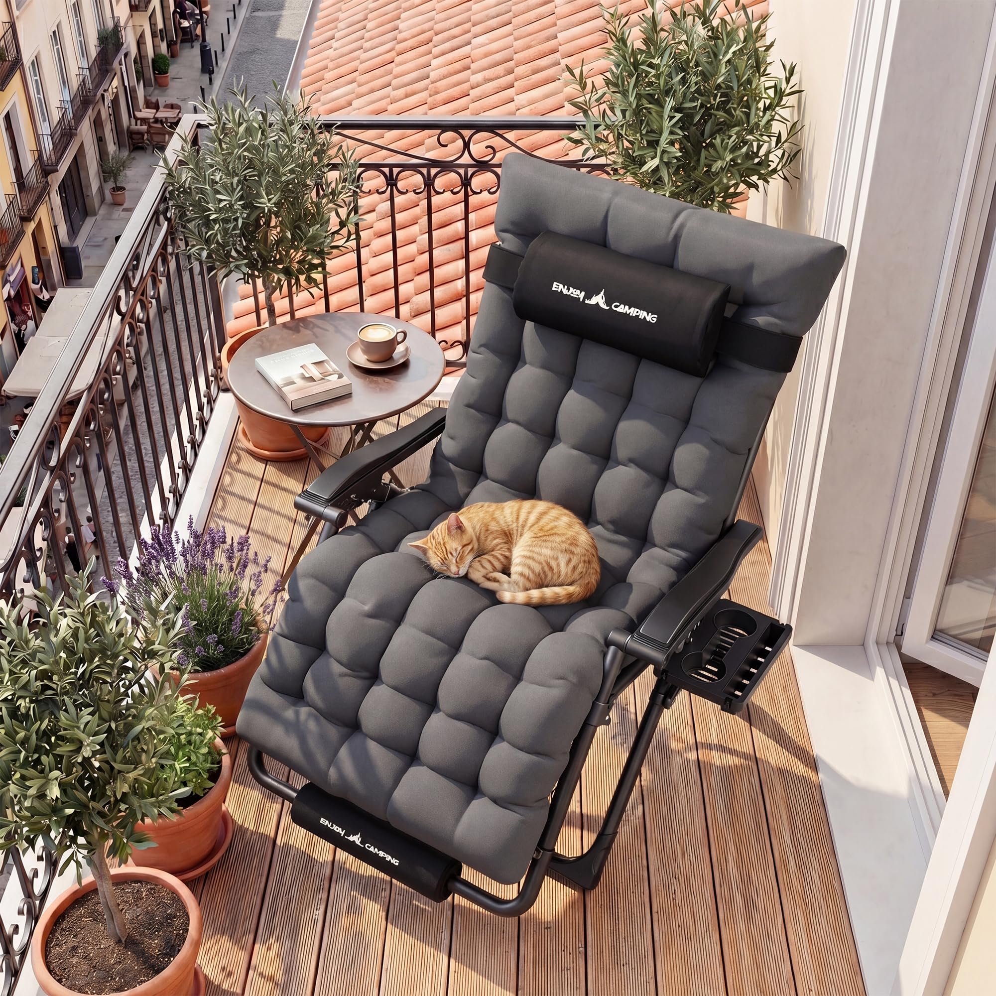 Sonnenliege Liegestuhl Klappbar Mit Getränkehalter Gartenstuhl Mit Auflage Polster, Liegestuhl, Extra groß Gartenliege, Verstellbar Rückenlehne Garten Liege