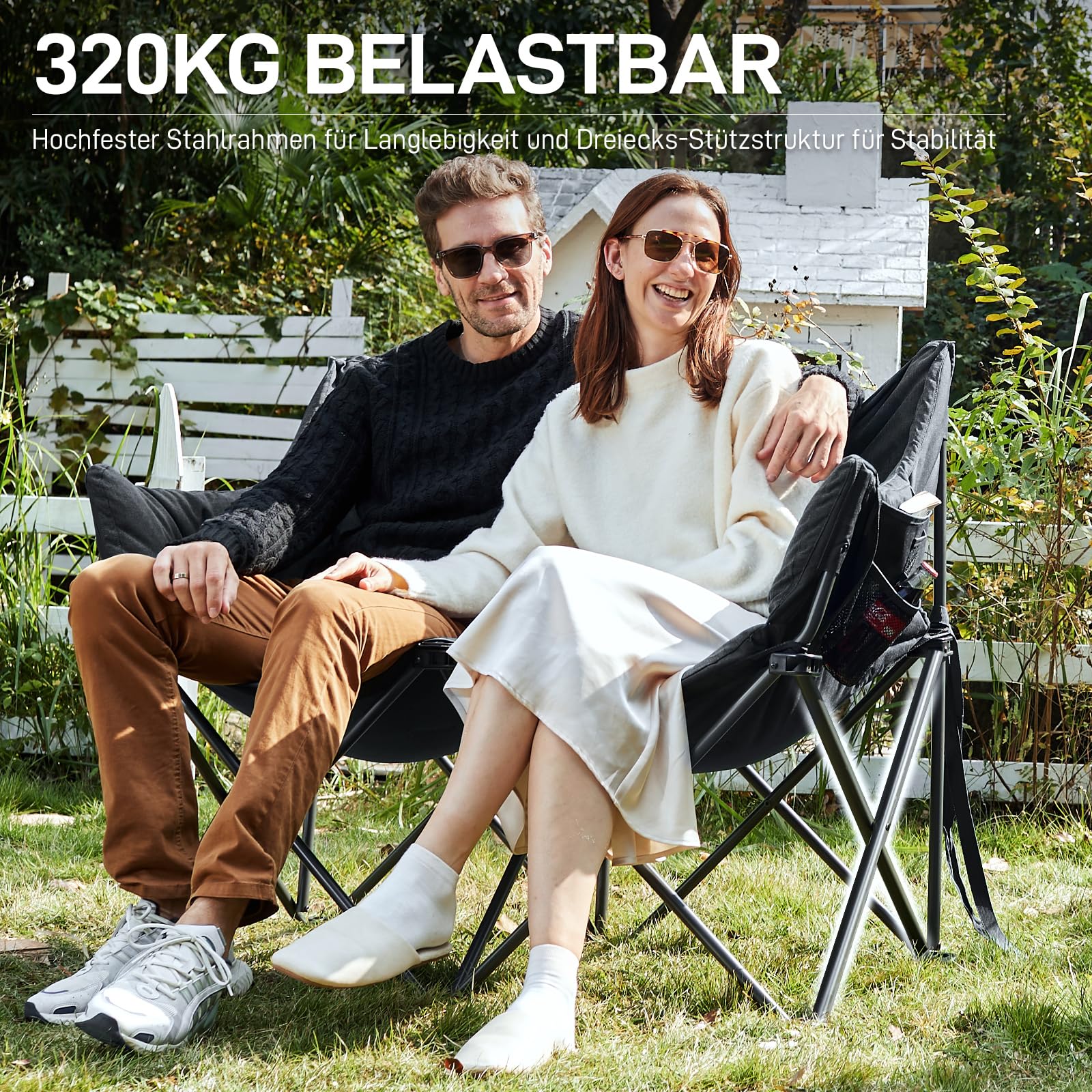 Campingstuhl Faltbar 124CM Breit Campingsofa für 2 Personen Faltsofa 320KG Belastbar, Campingcouch Dick Gepolstert Klappstuhl XXL 2 Sitzer Hohe Lehne für Outdoor Garten Balkon Indoor