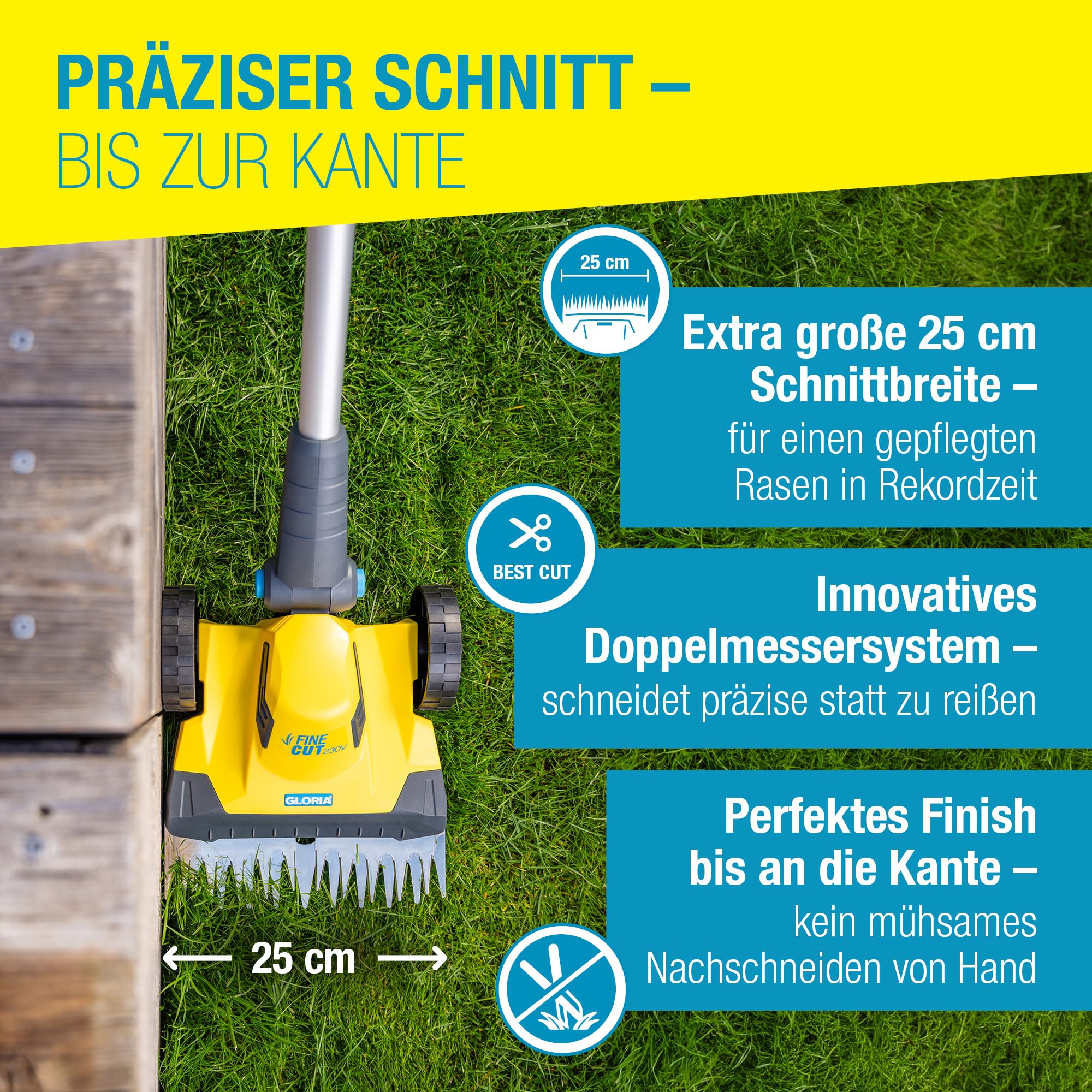 Rasentrimmer & Kantenschneider FineCut Varianten 18V Set | 25 cm Schnittbreite für Rasenkanten & kleine Gärten | inkl. Bosch Akku & Ladegerät | Ideal als Ergänzung zum Mähroboter, Gelb und Blau, Auswahl Varianten