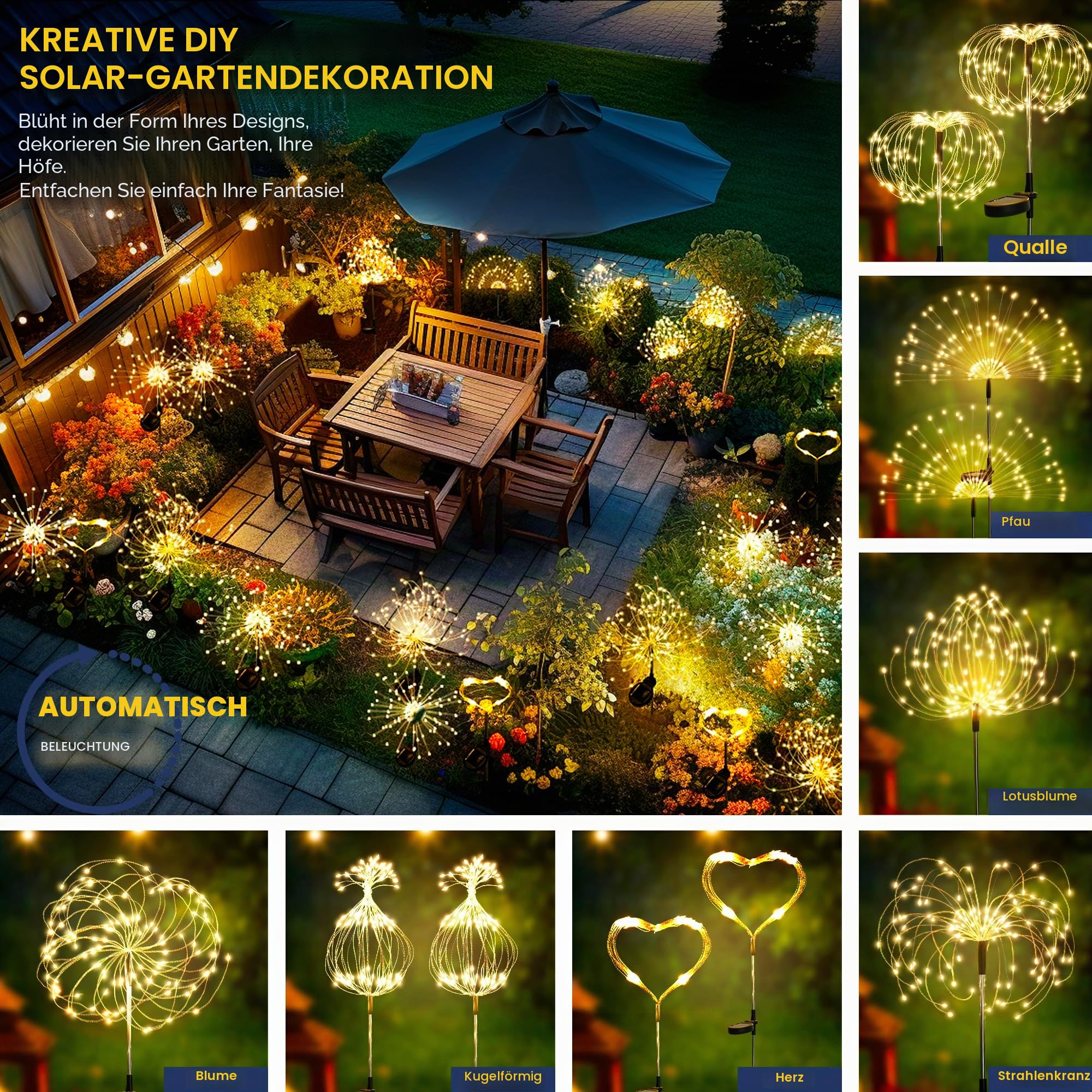 Gartendeko Solarleuchten für Außen,4 Stück 120 LED Feuerwerk Solarleuchten, Wetterfest Pusteblume Solarlampen für Balkon Terrasse Blumenkästen Hof Deko