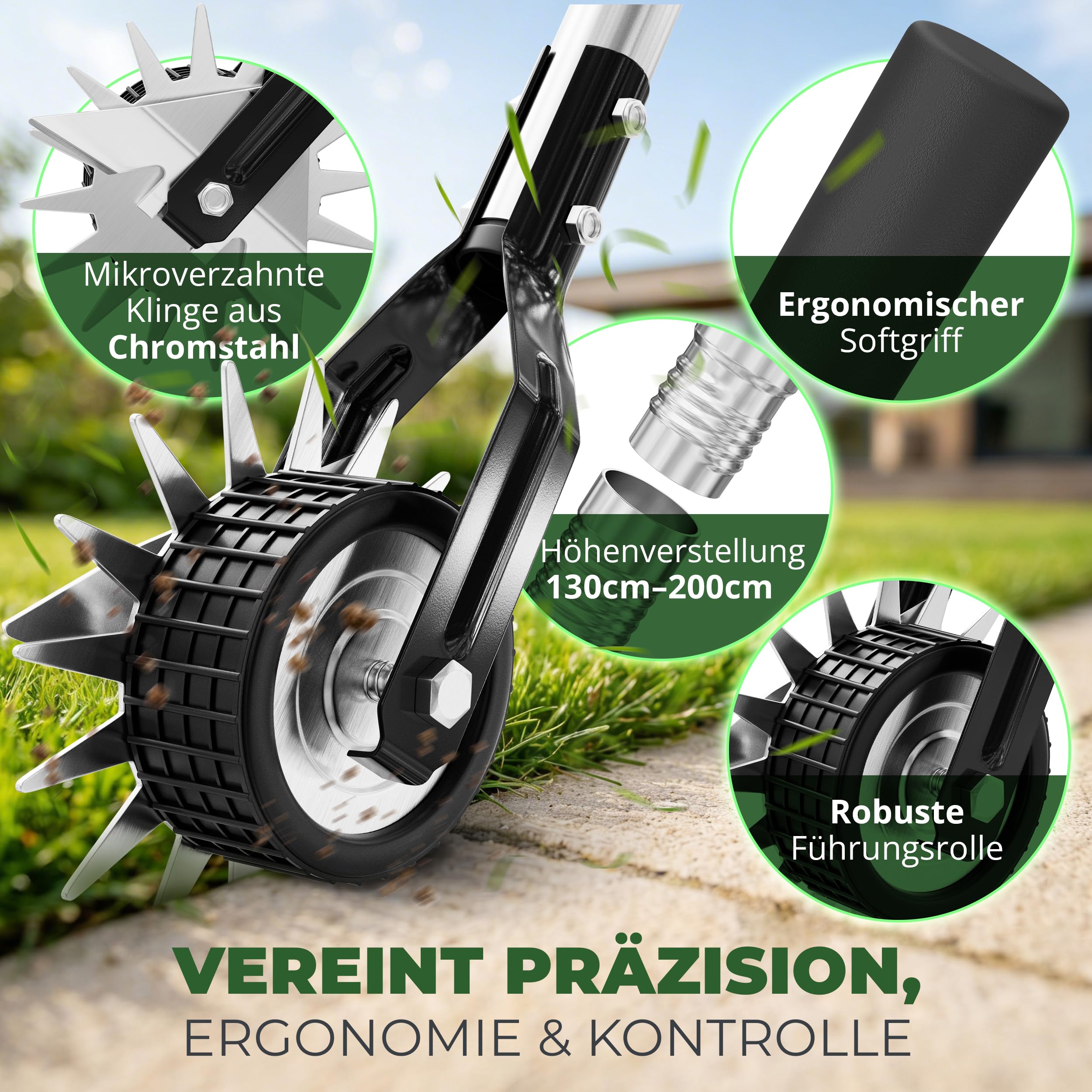 Rasenkantenschneider – 4-teilig Verstellbarer Edelstahlgriff, ideal für Jede Körpergröße, verbesserter gepolsterter Griff, gut ausbalancierte Rollen, inkl. Schleifmesser