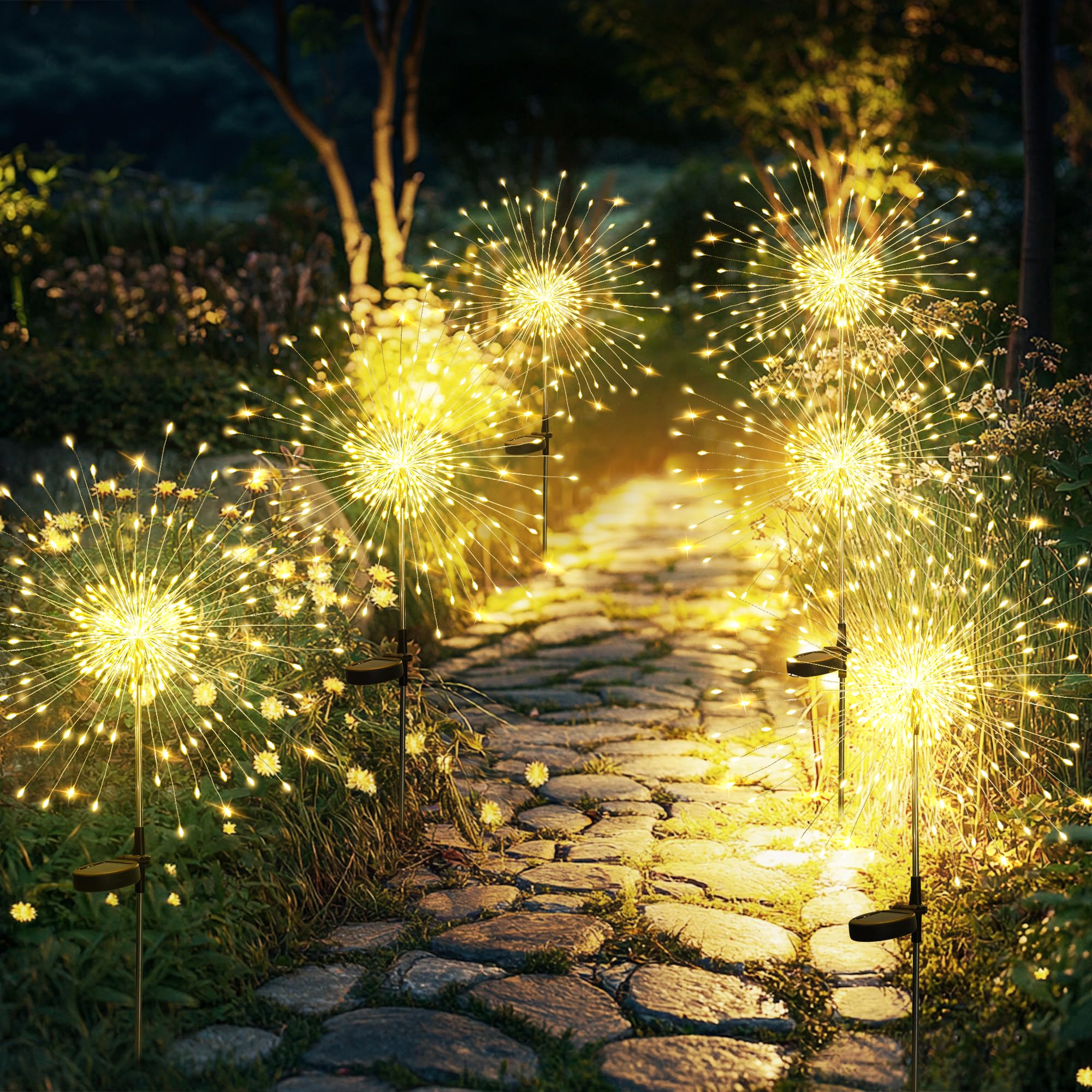 Gartendeko Solarleuchten für Außen,4 Stück 120 LED Feuerwerk Solarleuchten, Wetterfest Pusteblume Solarlampen für Balkon Terrasse Blumenkästen Hof Deko