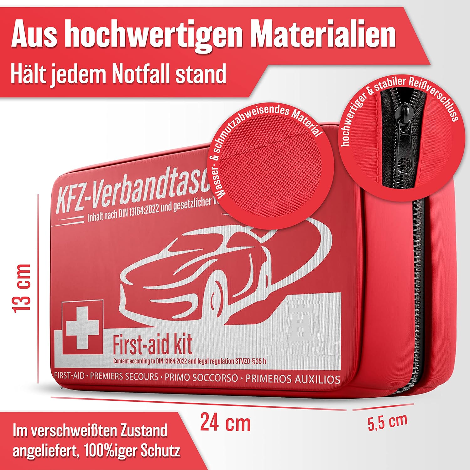 Verbandstasche nach aktueller Norm 2025 - Europaweit Nutzbar - Erste Hilfe Set Auto Verbandskasten DIN 13164:2022 (StVO konform)