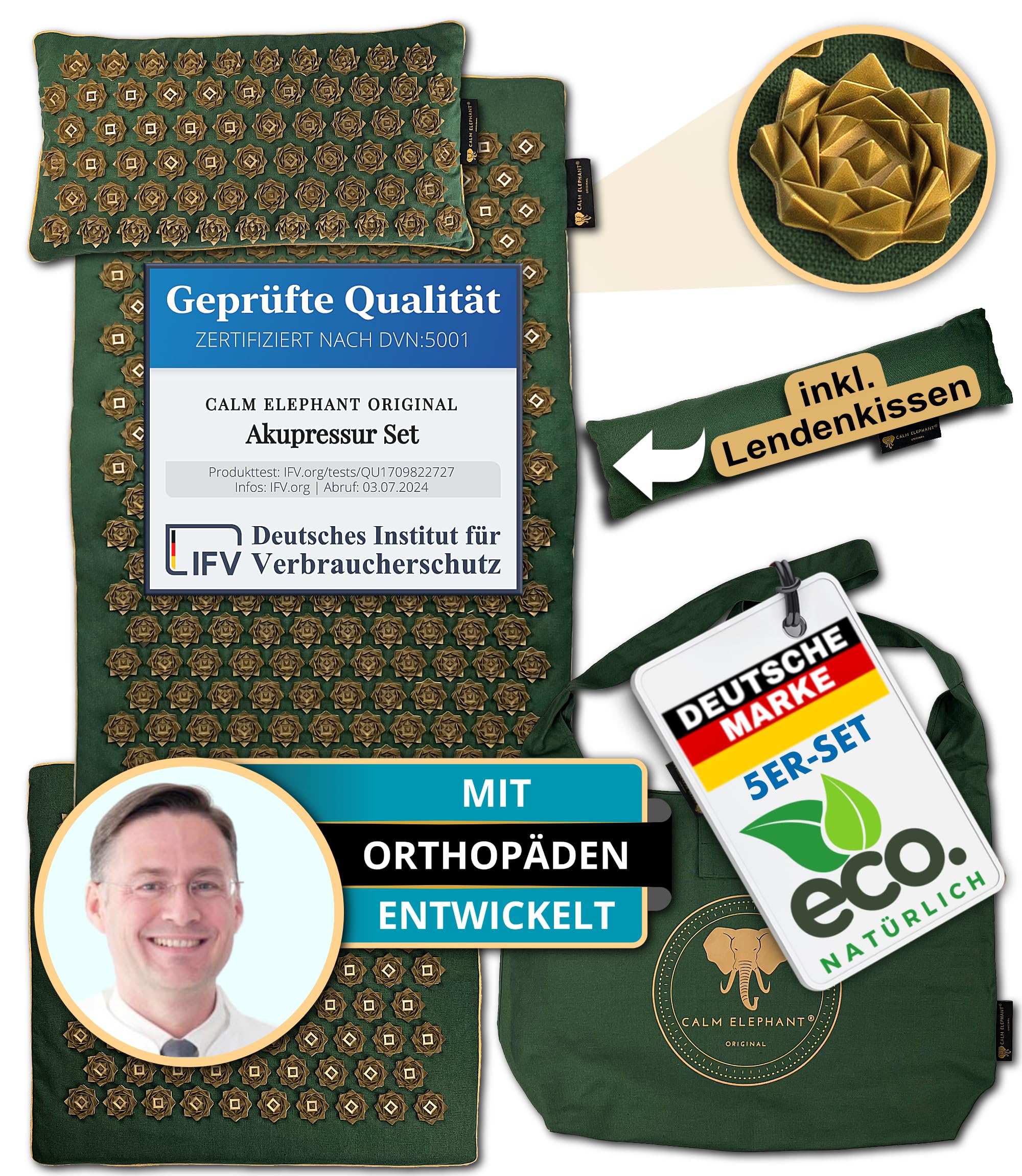 Echte Akupressurmatte mit Kissen XXL Set aus 5 Massagematten Rückenspannung Entlastung Akupunkturmatte mit Wärmefunktion, Lumbalkissen, Doormatte & Tasche, Grau