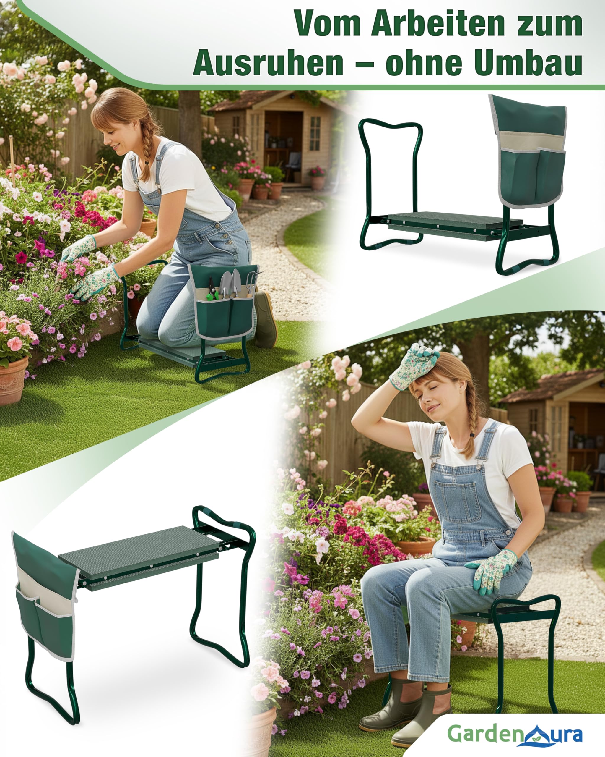 Kniebank für Gartenarbeit - Gartenhocker mit Werkzeugtasche - Garten Kniebank Rücken- und Gelenkschonend bis 150kg belastbar - Gartenhocker klappbar für idealen Knie Komfort