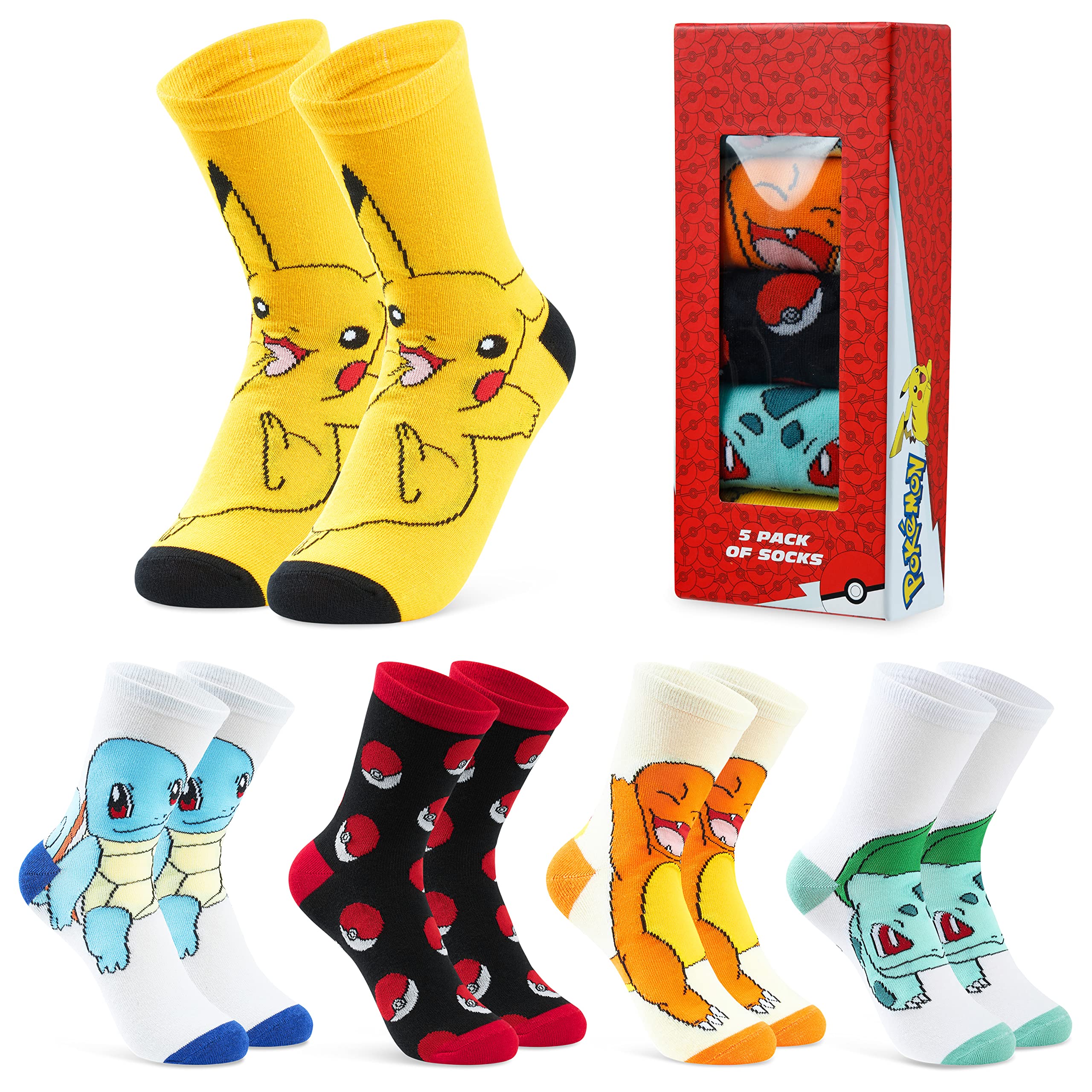 Pokemon Jungen Socken 5 Pack Pikachu Knöchel Socken Kinder Dehnbar Atmungsaktiv Crew Socken für Jungen Mädchen und Jugendliche - Verschiedene Größen Erhältlich - Pokemon Geschenke