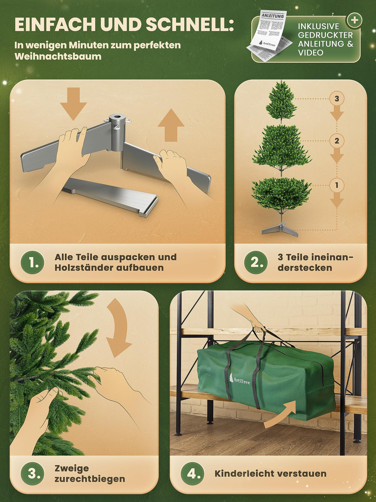 Künstlicher Weihnachtsbaum – 100 % Spritzguss Nordfichte mit LED | Premium Tannenbaum naturgetreu inkl. FSC-Holzständer & Aufbewahrungstasche