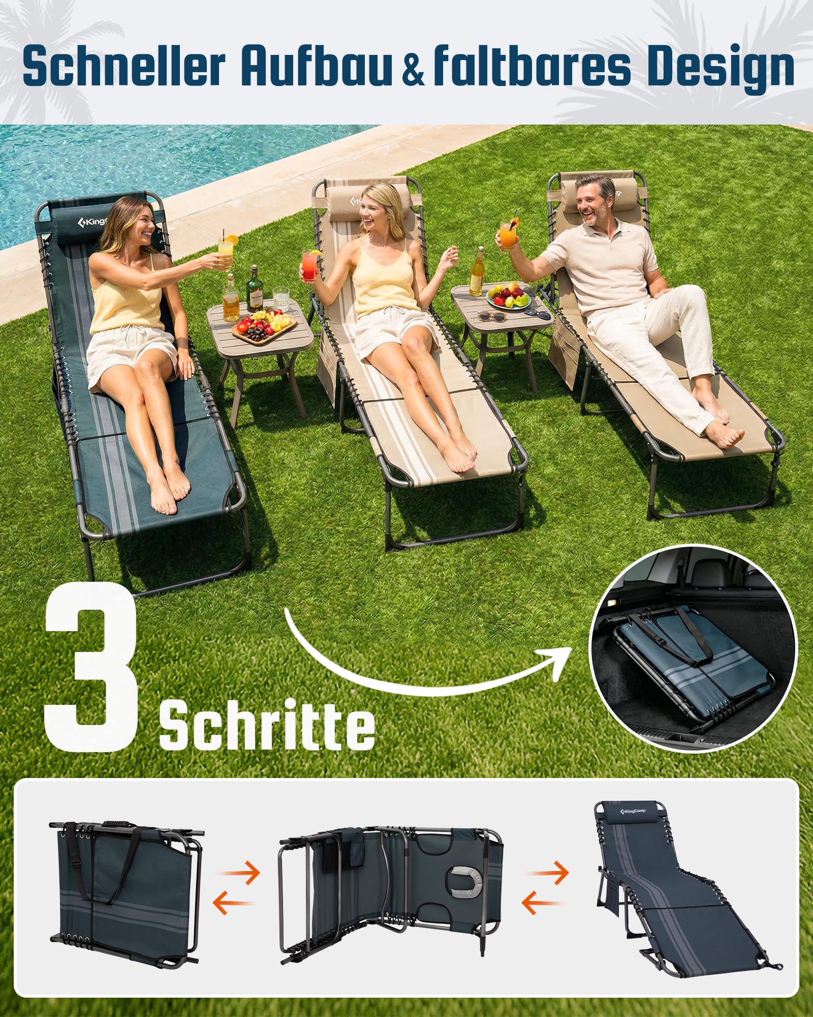 Sonnenliege Klappbar 5-Verstellbare, bis 180 kg, 2er Set, Blau | Gartenliege Klappbar, mit Kopfstütze & Seitentasche, Sonnenliege Wetterfest, Strandliege für Garten Terrasse Pool Camping