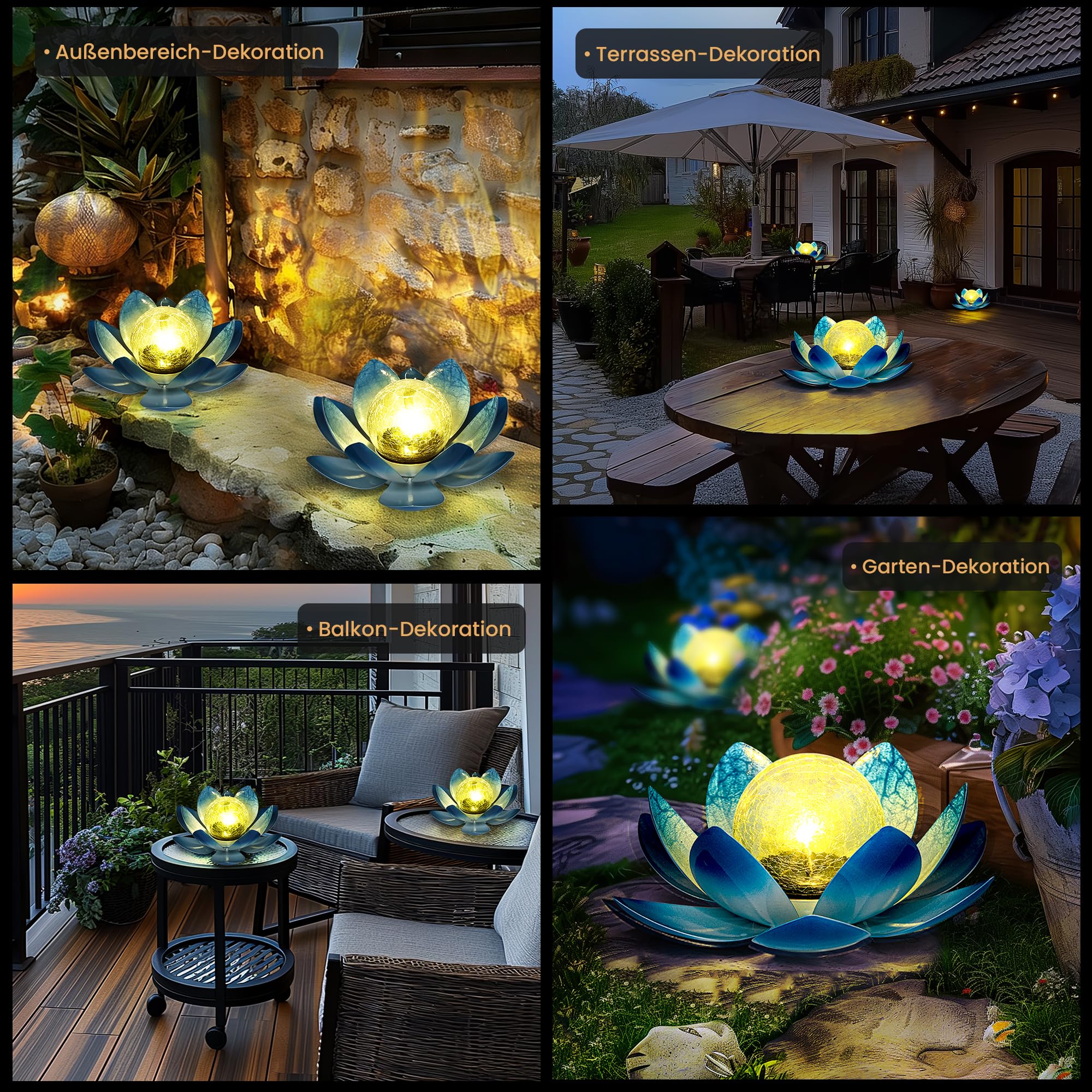 Solarlampen für Außen, Lotus Garten Deko Licht, LED Solarleuchten für Aussen, Wasserdicht Gartenleuchten Solar, Metal, für Terrasse, Garten, Gras, Balkon