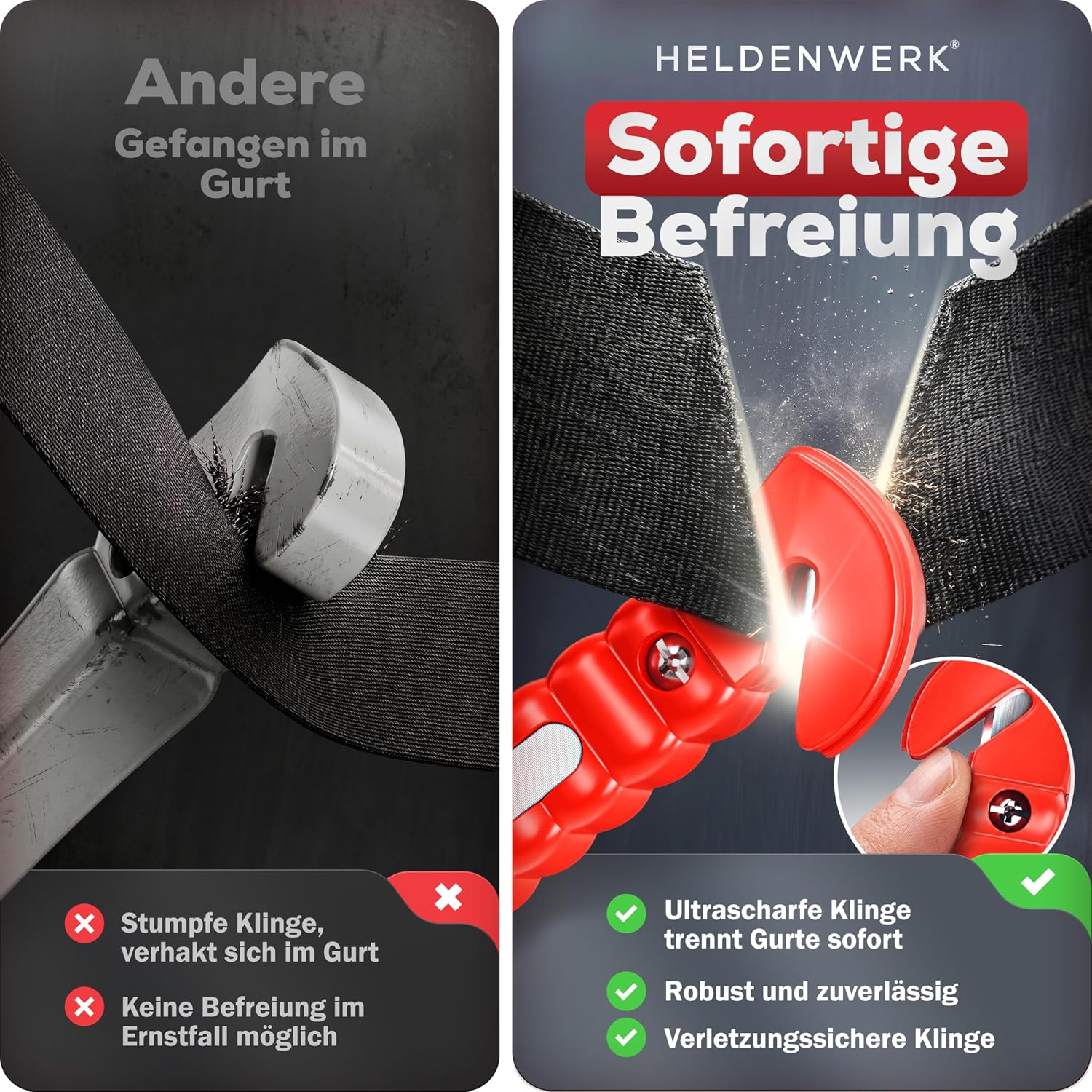 Nothammer Auto mit Gurtschneider TÜV GS Zertifiziert [2er Set] - Notfallhammer mit gehärteten Spitzen und Reflektoren - Notfall Hammer, Sicherheitshammer mit Gurtmesser