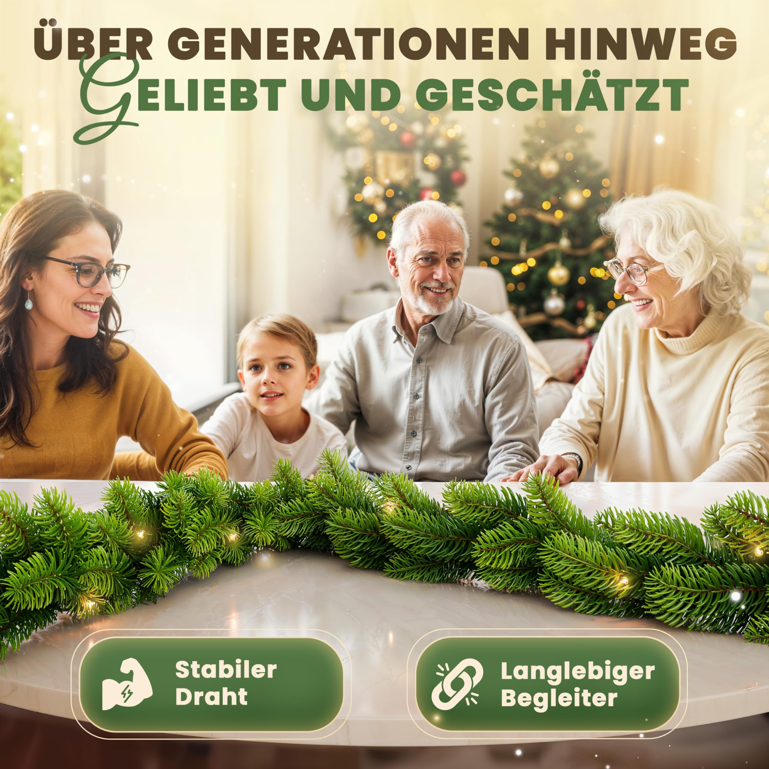 Weihnachtsgirlande - Lebensechte Tannengirlande, Grün, Perfekt für Weihnachtsdekoration, Innen- und Außenbereich, Treppengeländer und Türrahmen