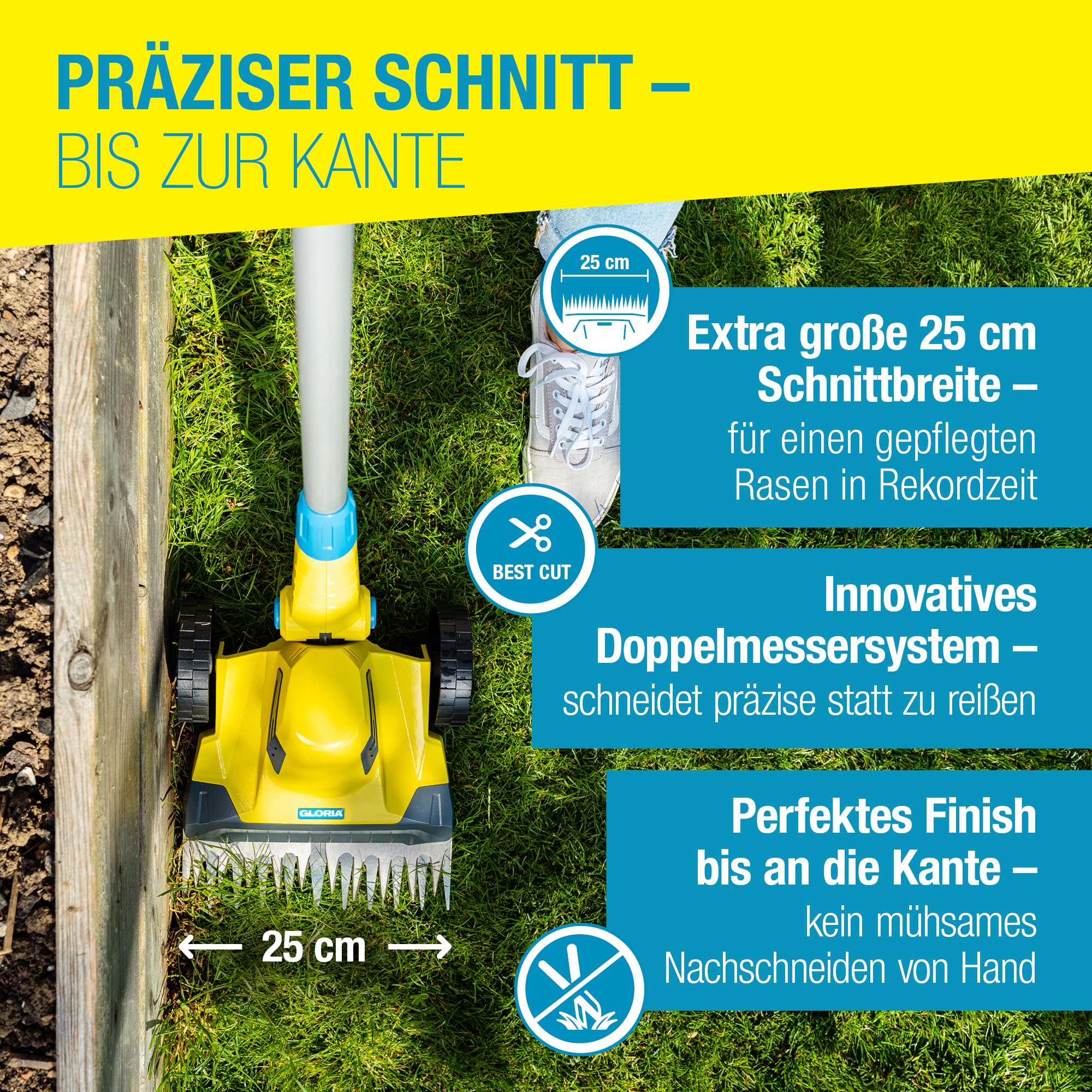Rasentrimmer & Kantenschneider FineCut Varianten 18V Set | 25 cm Schnittbreite für Rasenkanten & kleine Gärten | inkl. Bosch Akku & Ladegerät | Ideal als Ergänzung zum Mähroboter, Gelb und Blau, Auswahl Varianten