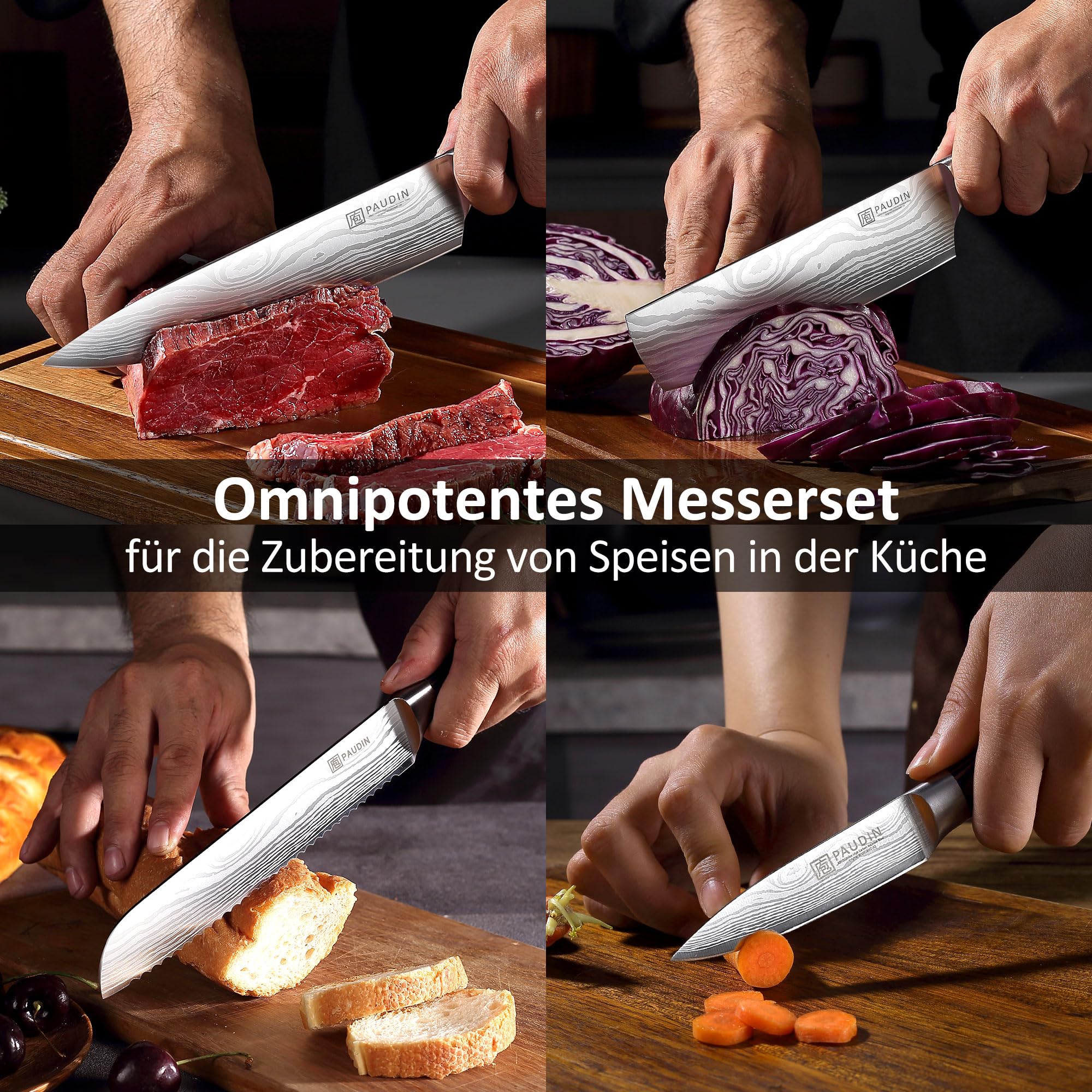 Küchenmesser-Set, 5-teiliges Küchenmesser-Set aus hochwertigem Kohlenstoff-Edelstahl, Ultra Sharp Messer-Set mit Kochmesser, Hackmesser, Nutzmesser