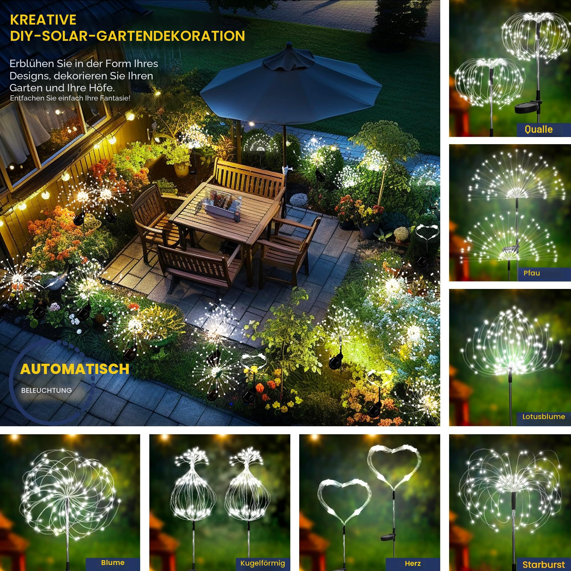 Gartendeko Solarleuchten für Außen,4 Stück 120 LED Feuerwerk Solarleuchten, Wetterfest Pusteblume Solarlampen für Balkon Terrasse Blumenkästen Hof Deko