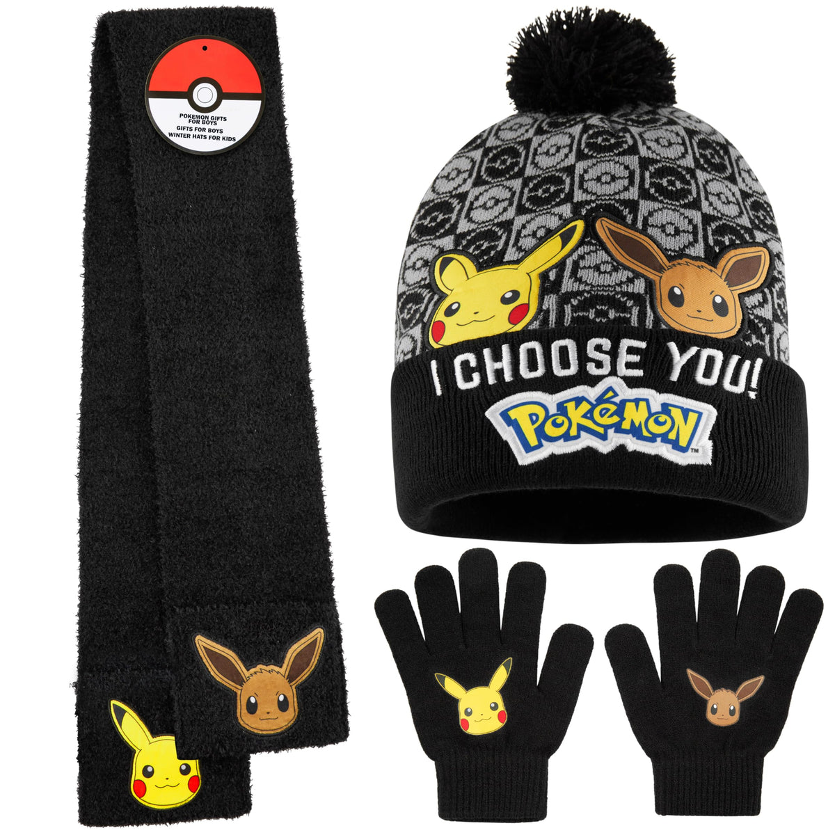 Pokemon Mütze, Schal & Handschuhe Jungen 4-12 Jahre, 3 Stück Warme Kinder Winter Set für kalte Tage, Anime Geschenke für Jungen