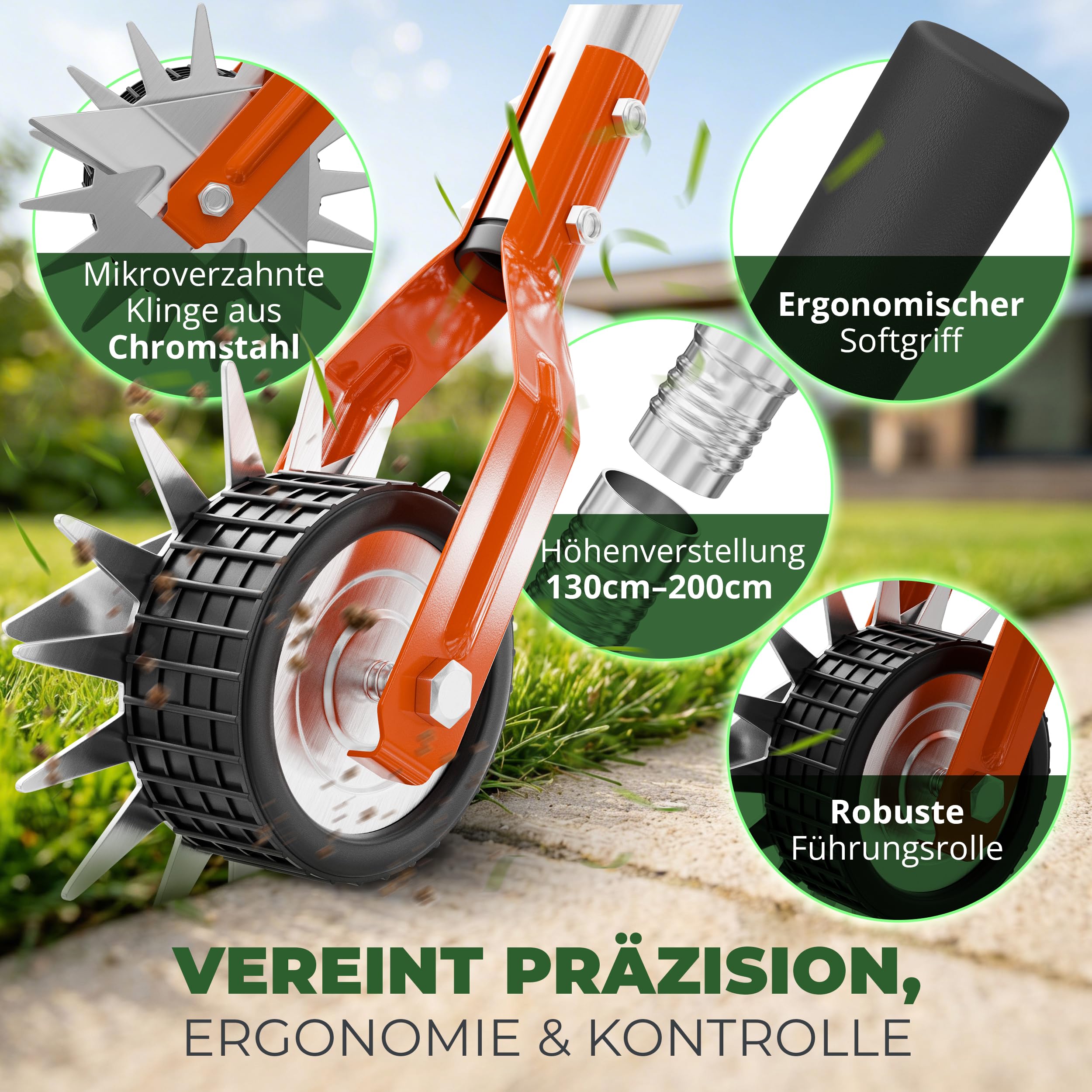 Rasenkantenschneider – 4-teilig Verstellbarer Edelstahlgriff, ideal für Jede Körpergröße, verbesserter gepolsterter Griff, gut ausbalancierte Rollen, inkl. Schleifmesser